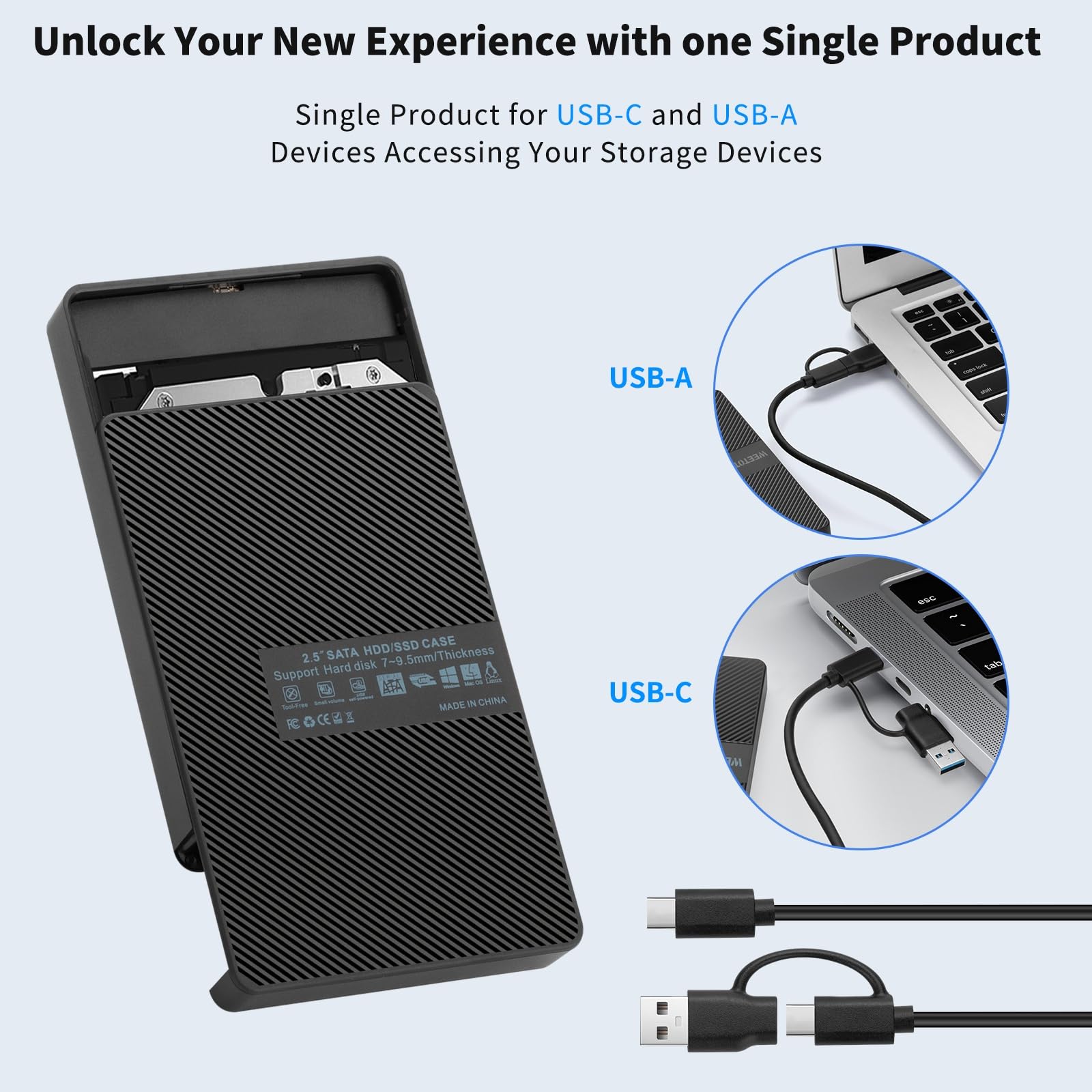 Zewnętrzna obudowa dysku twardego USB-C 2,5'' HDD SSD do SATA - WEETOTUNG 6 Gb/s obudowa bez użycia narzędzi kompatybilna z dyskiem UASP - do dysku 7 mm 9,5 mm z MacBookiem WD Seagate PlayStation