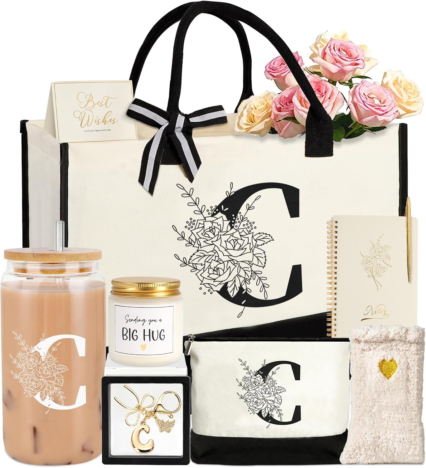 Birthday Gifts for Women,Monogrammed Personalized Gifts-Initial Tote Bag Gift Set for Her, Mom, Teacher