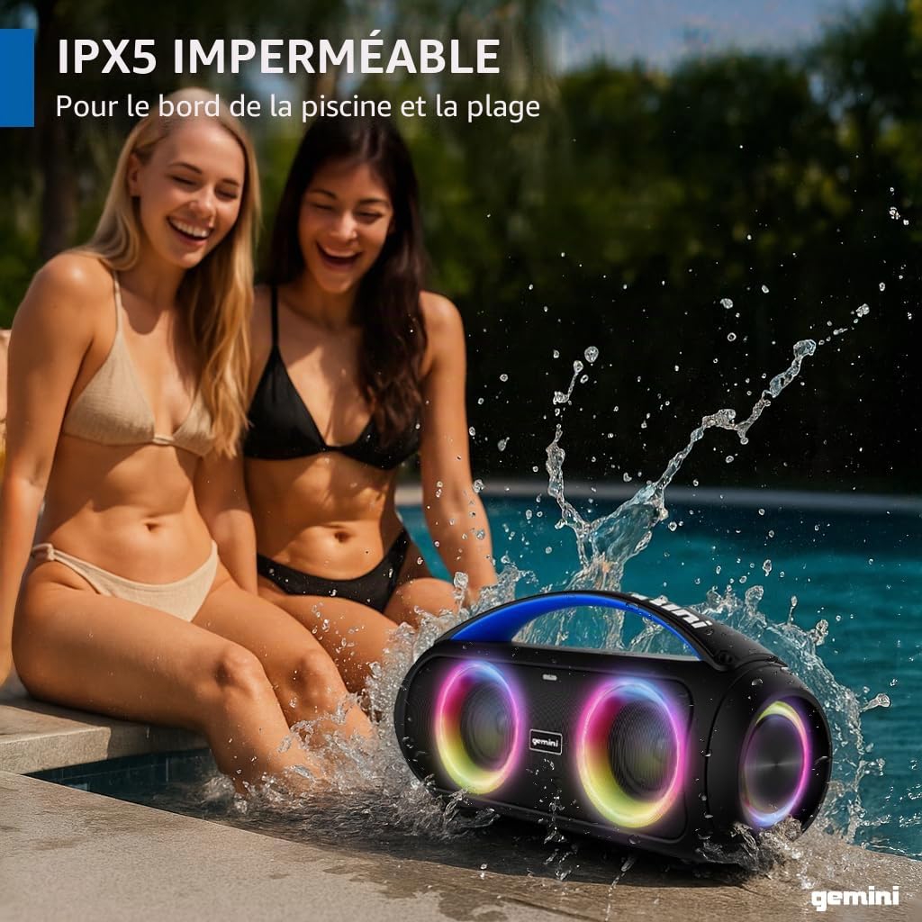 Gemini Sound GGO-230L – Enceinte boombox 50W Bluetooth: Enceinte portable sans fil étanche (IPX5) avec radio FM, éclairage LED festif, batterie de réserve et batterie rechargeable longue durée
