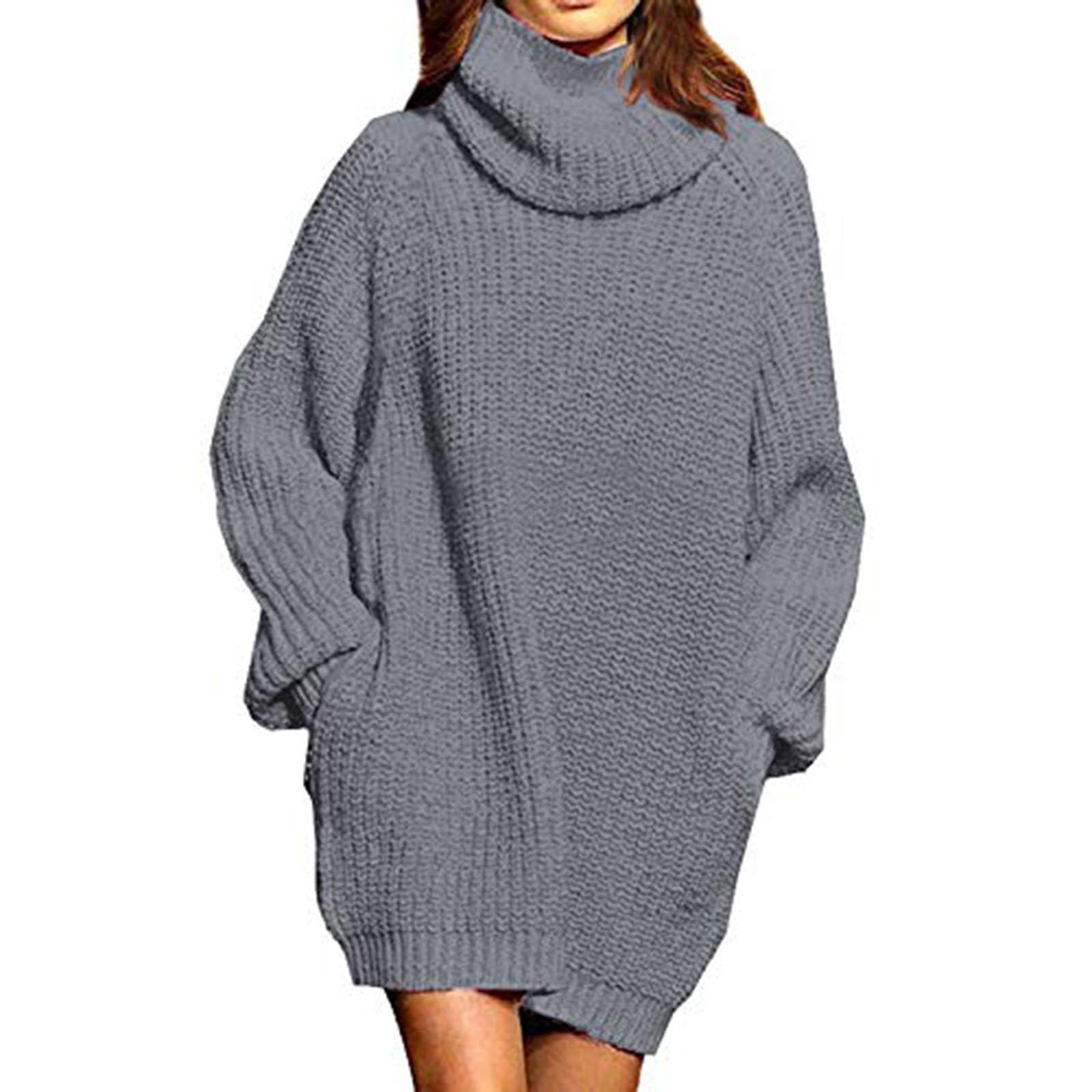 Damen Rollkragen Pulloverkleid Oversize Langarm Pullover Tops Strick Weich Casual Lose Lange Tunika Minikleider