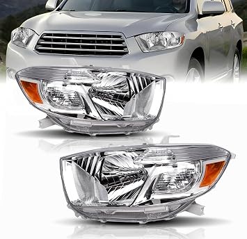 Headlight Assembly Compatible with 2008 2009 2010 Toyota Highlander Driver Passenger Side, Chrome Housing Amber