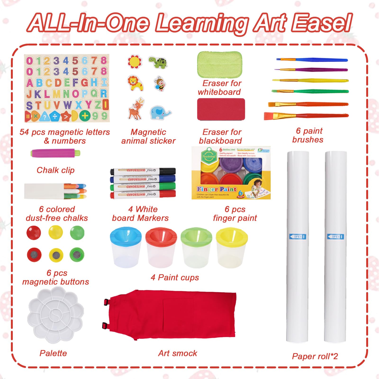 3 in 1 Lavagna per Bambini Cavalletto Pittura a Doppia Faccia con Rotolo di Carta, Altezza Regolabile 95-125cm Lavagna Pieghevole Multiattività con Vassoio di Stoccaggio e 100+ Accessoris da Disegno