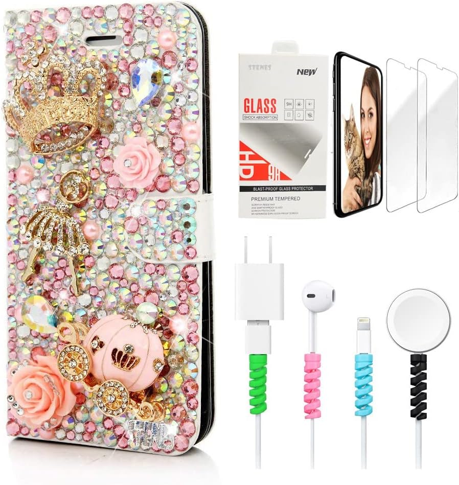 STENES Bling Wallet Phone Case Compatible with LG Stylo 6 - Stylish - 3D Handmade Crown Ballet Pretty Girl Pumpkin Car Flower Leather Cover with Screen Protector & Cable Protector - Pink