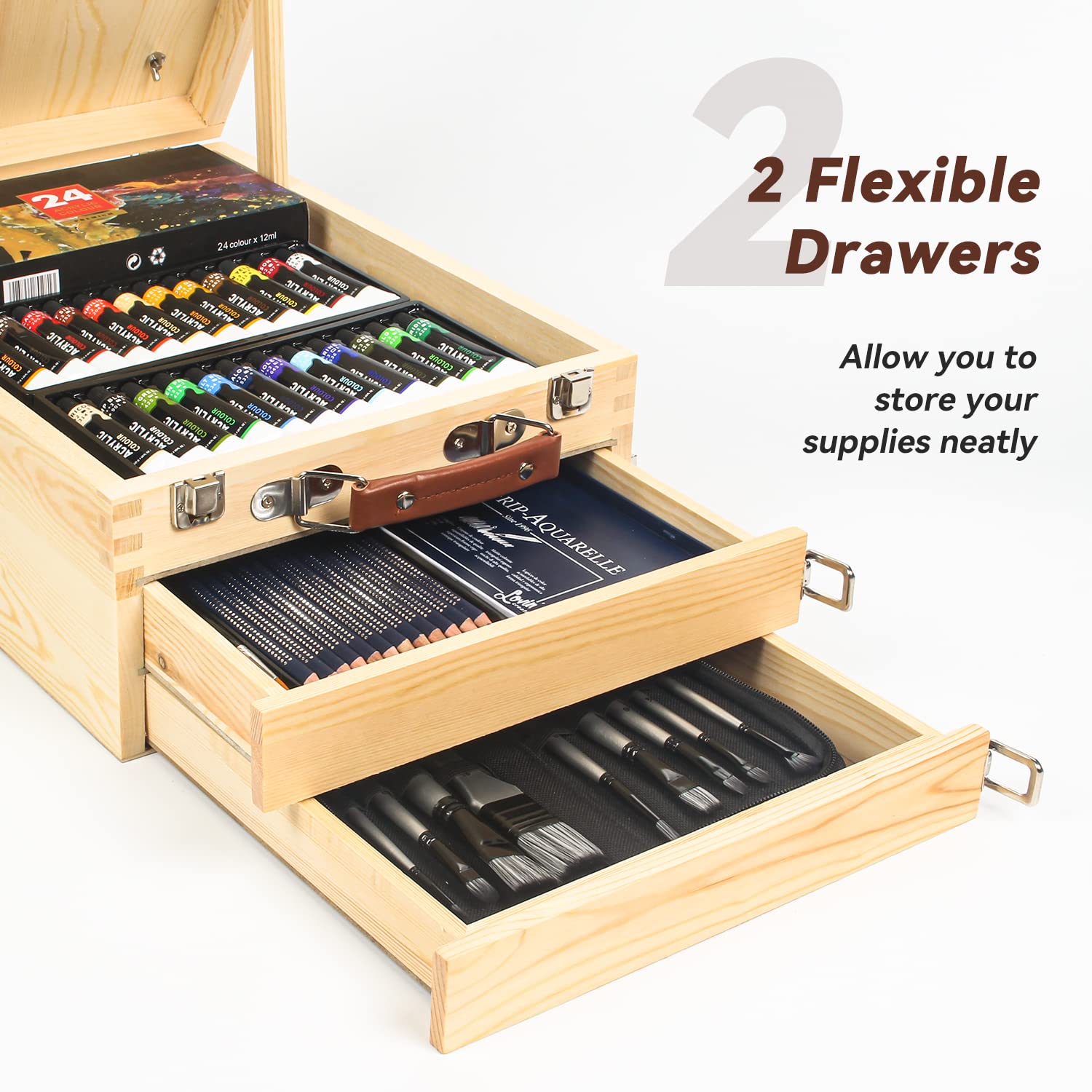 WEEKSUN Cavalletto da Tavolo di Legno con 55 PCS Kit Arte Completo, Includere 24 * 12ml Colori Acrilici, 12 Matite Colorate, 12 Pennello e Altre Forniture d'Arte per Artisti, Dilettanti, Principianti