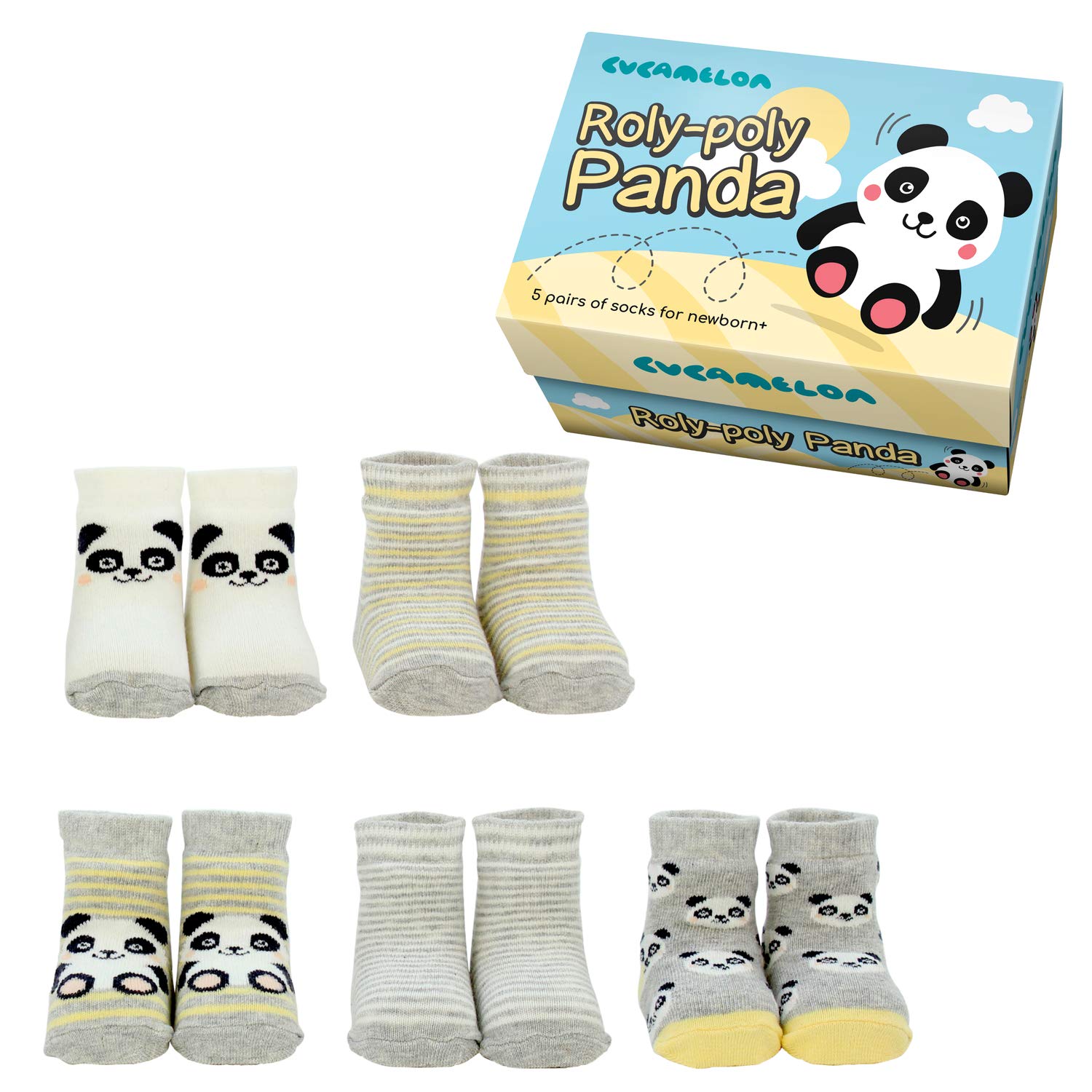 Roly-Poly Panda 5 pares de calcetines recién nacidos + caja de regalo