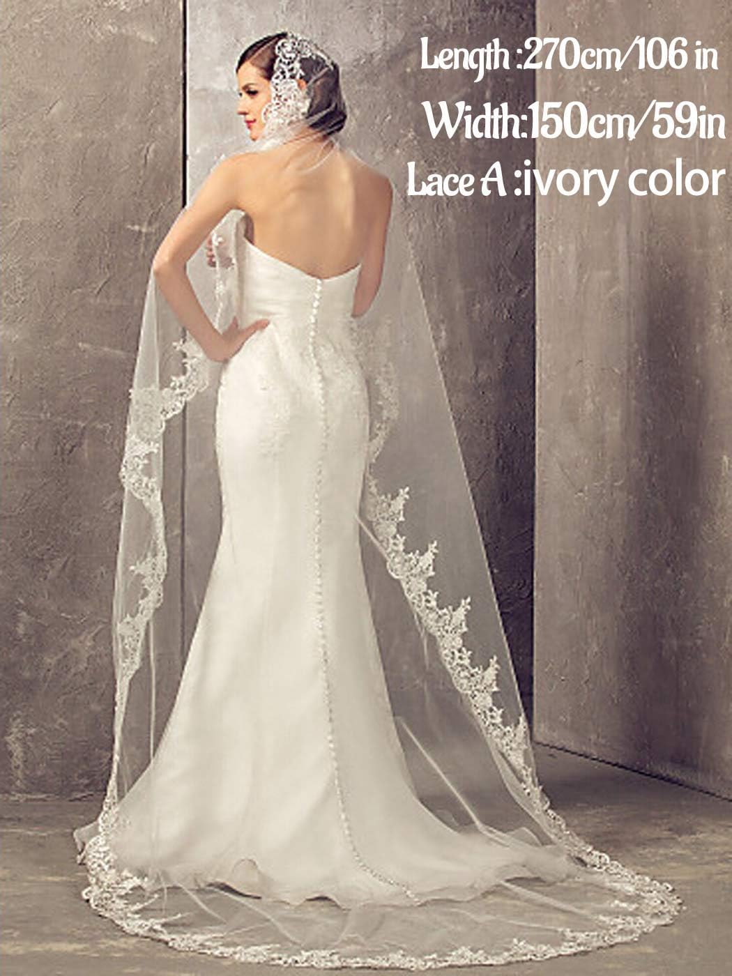 Aukmla Wedding Bridal Veils Long Veil with Lace and Metal Comb at the Edge Cathedral Length