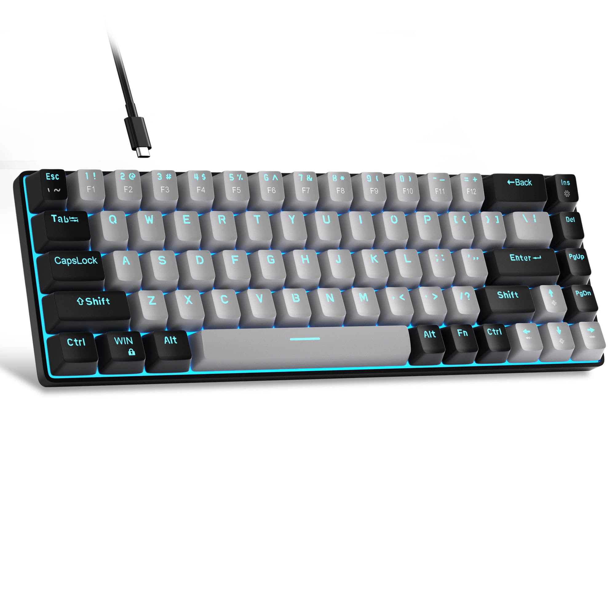 MageGee Teclado mecánico portátil 60%, MK-Box retroiluminado azul hielo, 68 teclas para juegos y oficina con cable, interruptor azul para Windows, laptop, PC, Mac