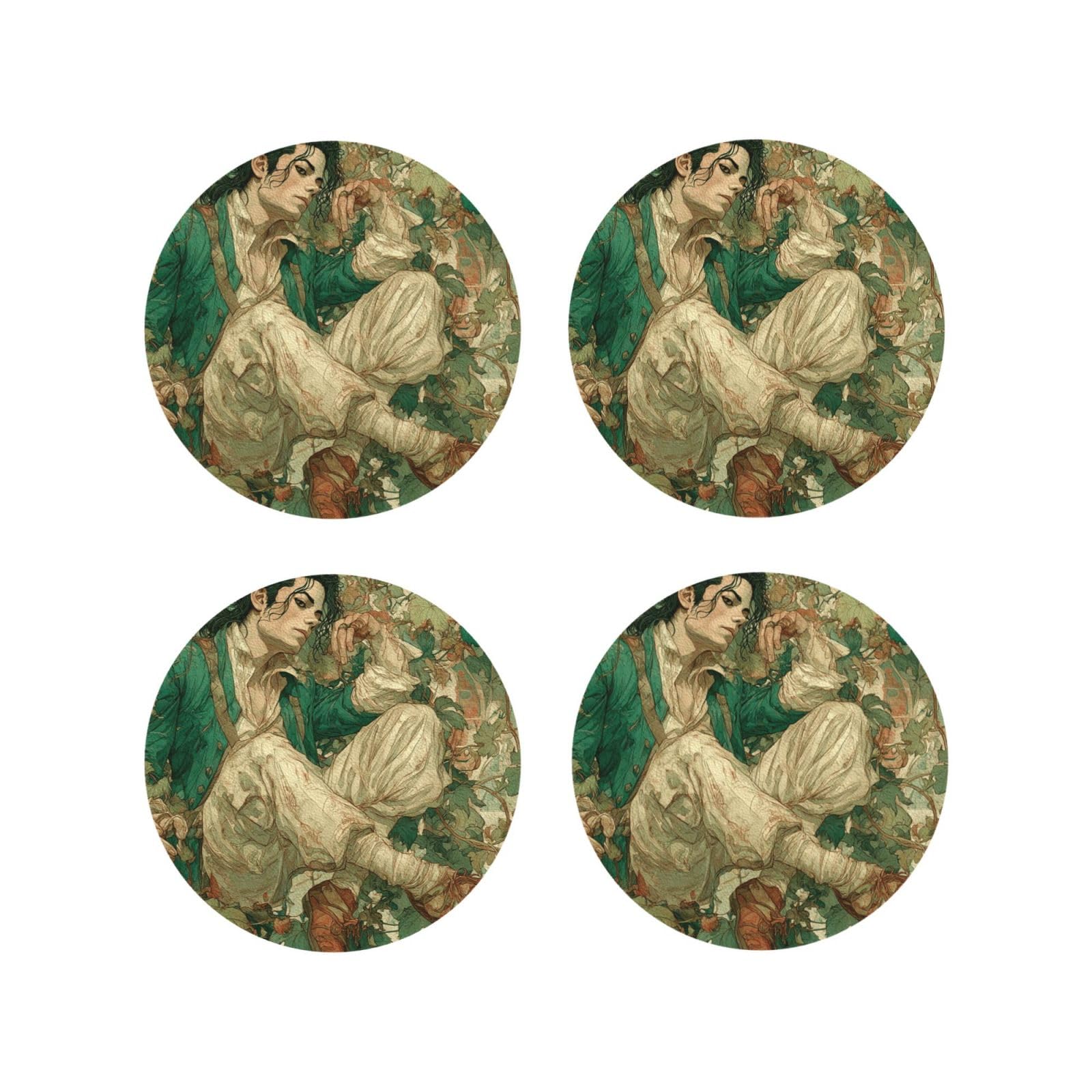 Coasters Set of 4 Round Leather Coaster Quick-Dry Drink Michael Jackson Coasters for Desk Absorbent Mugs Pads Tabletop Protection Pad Heat Resistant Coffee Cup Mat for Kitchen Bar