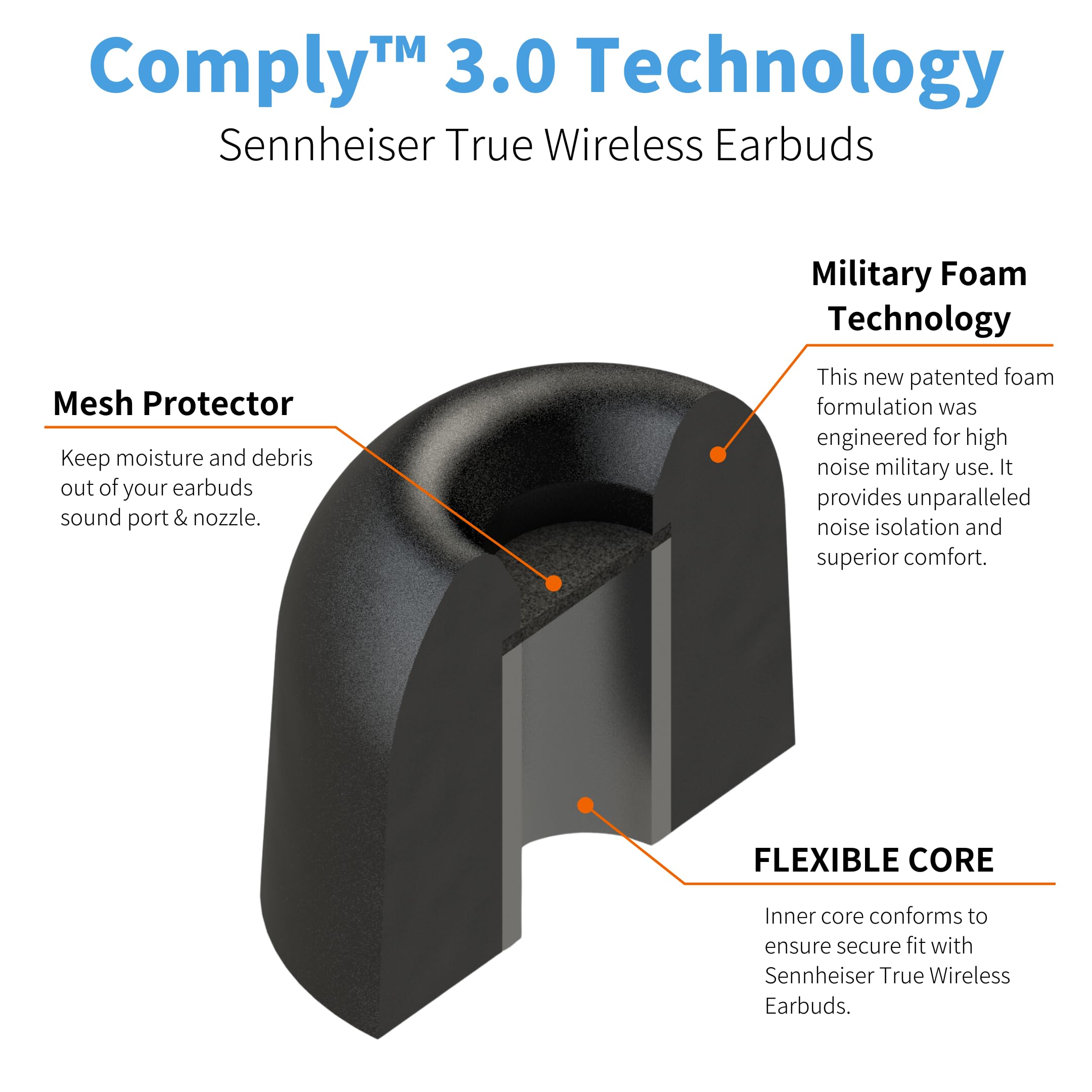 Comply Lot de 3 paires de bouchons d'oreilles en mousse de qualité supérieure compatibles avec Sennheiser Momentum (3 et 4) et ACCENTUM True Wireless, taille M, nouvelle version 2025 avec outil de