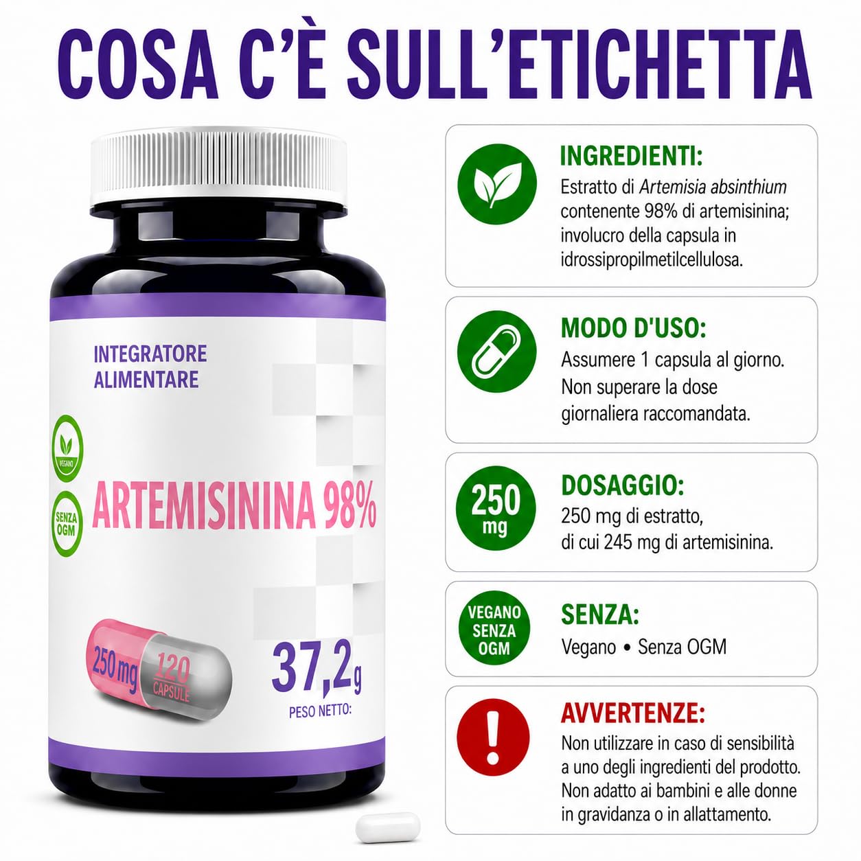 Hepatica Artemisinina | 250 mg | standardizzata al 98% | 120 capsule vegane | scorta per 4 mesi | GMP & Testato da Laboratorio Indipendente
