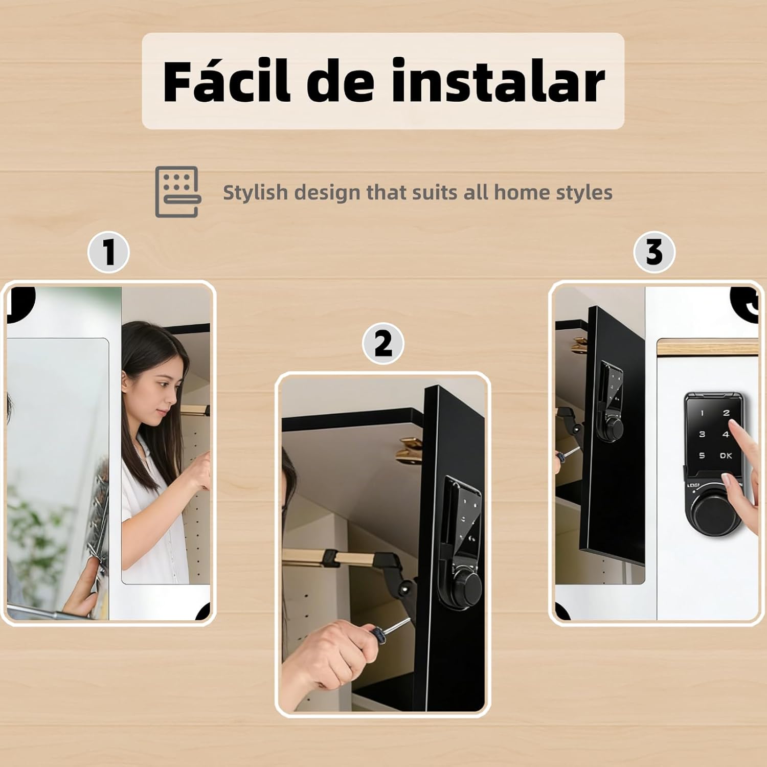 Three-step visual guide for installing the Vvikizy Digital Electronic Security Cabinet Lock on a cabinet door.