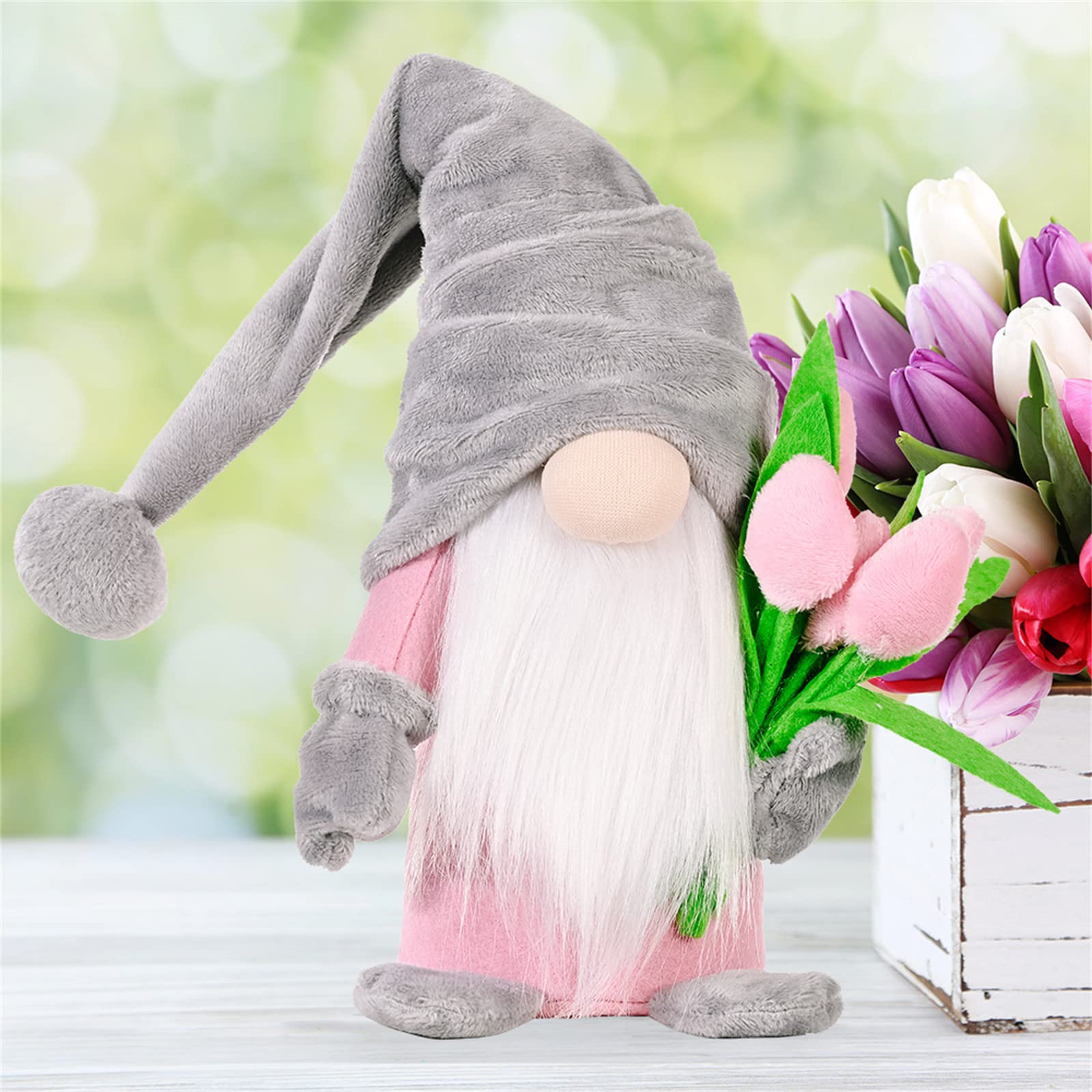 Jackcsale Mother's Day Gnomes Spring Summer Plush Gnome Gifts Handmade Table Tiered Tray Ornaments Scandinavian Elf Gnome Home Decor (Tulip gnome-Gray