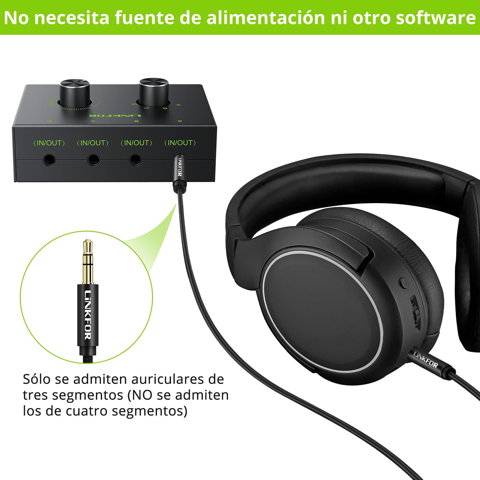 LiNKFOR Conmutador de Audio 3,5 mm bidireccional,4 Puertos Selector de Audio 4(1) in-1(4)-out con Audio de 3,5mm Cable,Switch Audio Jack 3,5 para Altavoz,PC, Teléfono,Auriculares