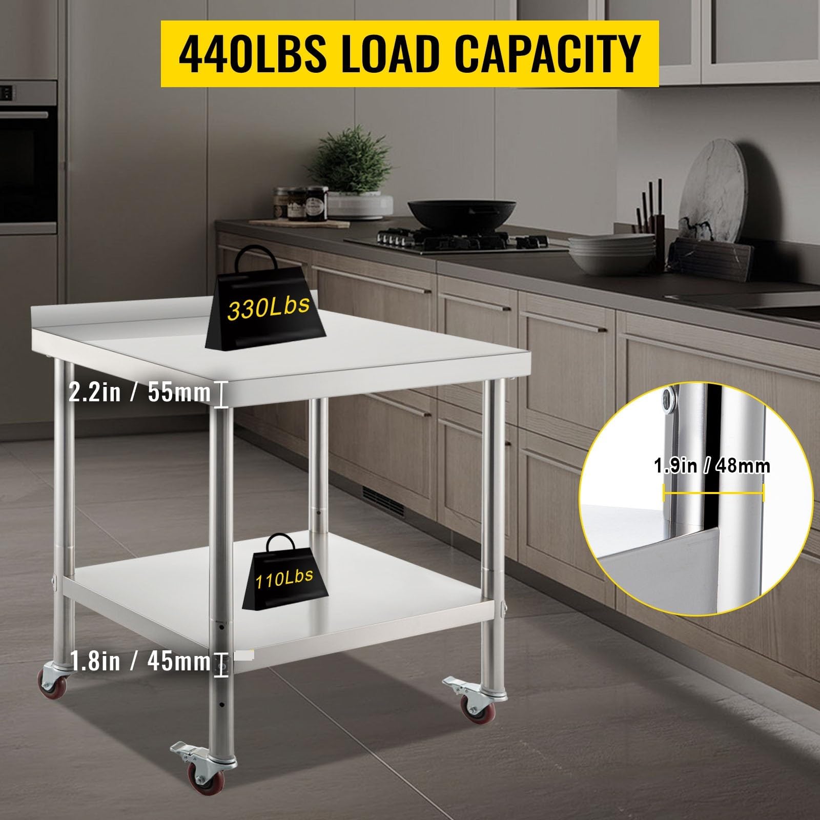 EDEDE Tavolo di Preparazione al Lavoro in Acciaio Inossidabile 24 x 15 x 35/24 x 24 x 35/30 x 24 x 35/36 x 24 x 35 Pollici 440 libbre con alzatina e rotelle(24x15 in)