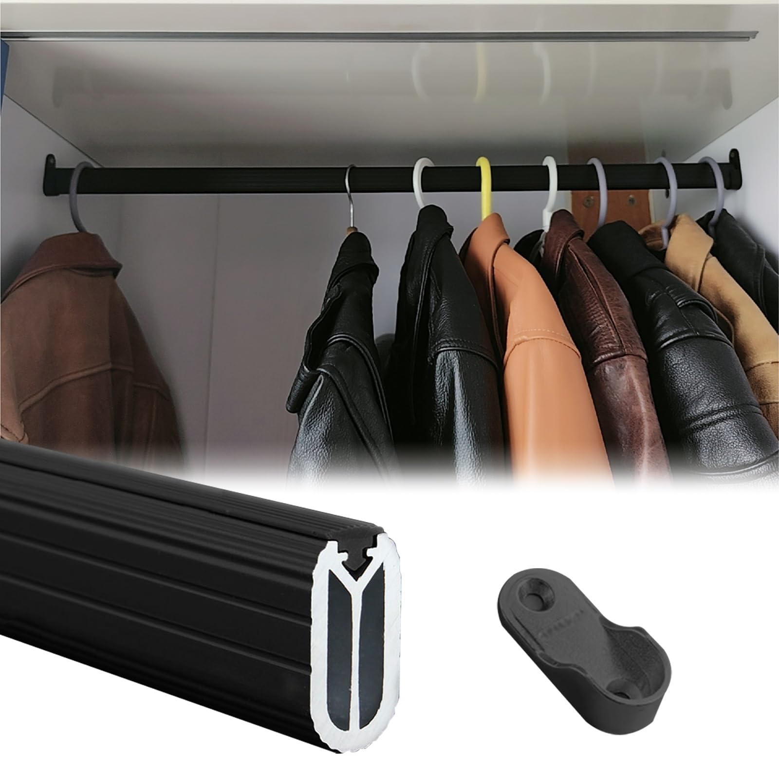 Wall Mounted Clothing Pole, Black Brown Silver Wardrobe Rail Heavy Duty With Brackets & Screws, Cuttable Garment Rack Bar(Black,150cm(59.1in))