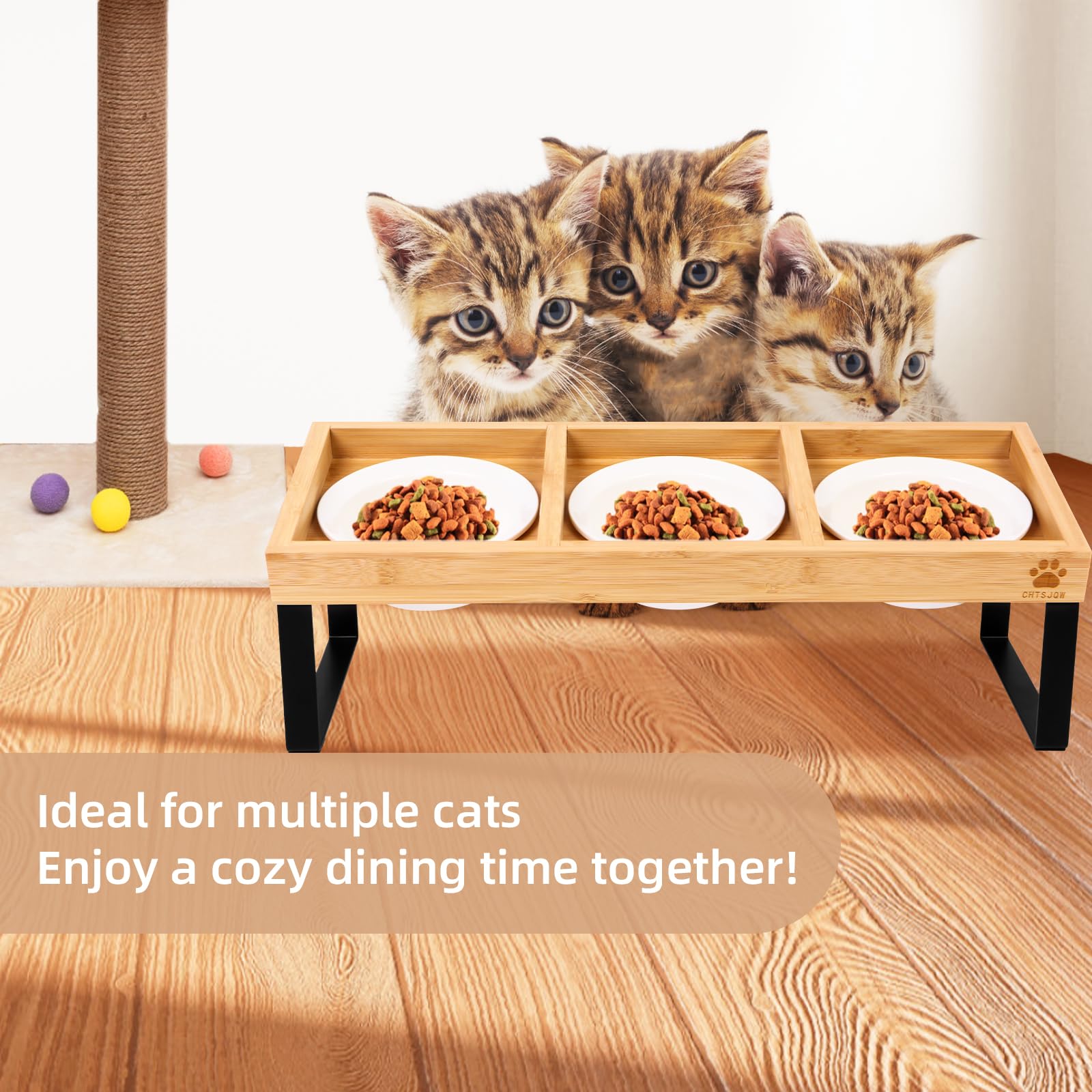 Cat Food Riser Cat Food Bowl Elevated Cat Bowls With Bamboo Stand - 15° Tilted Ceramic ...