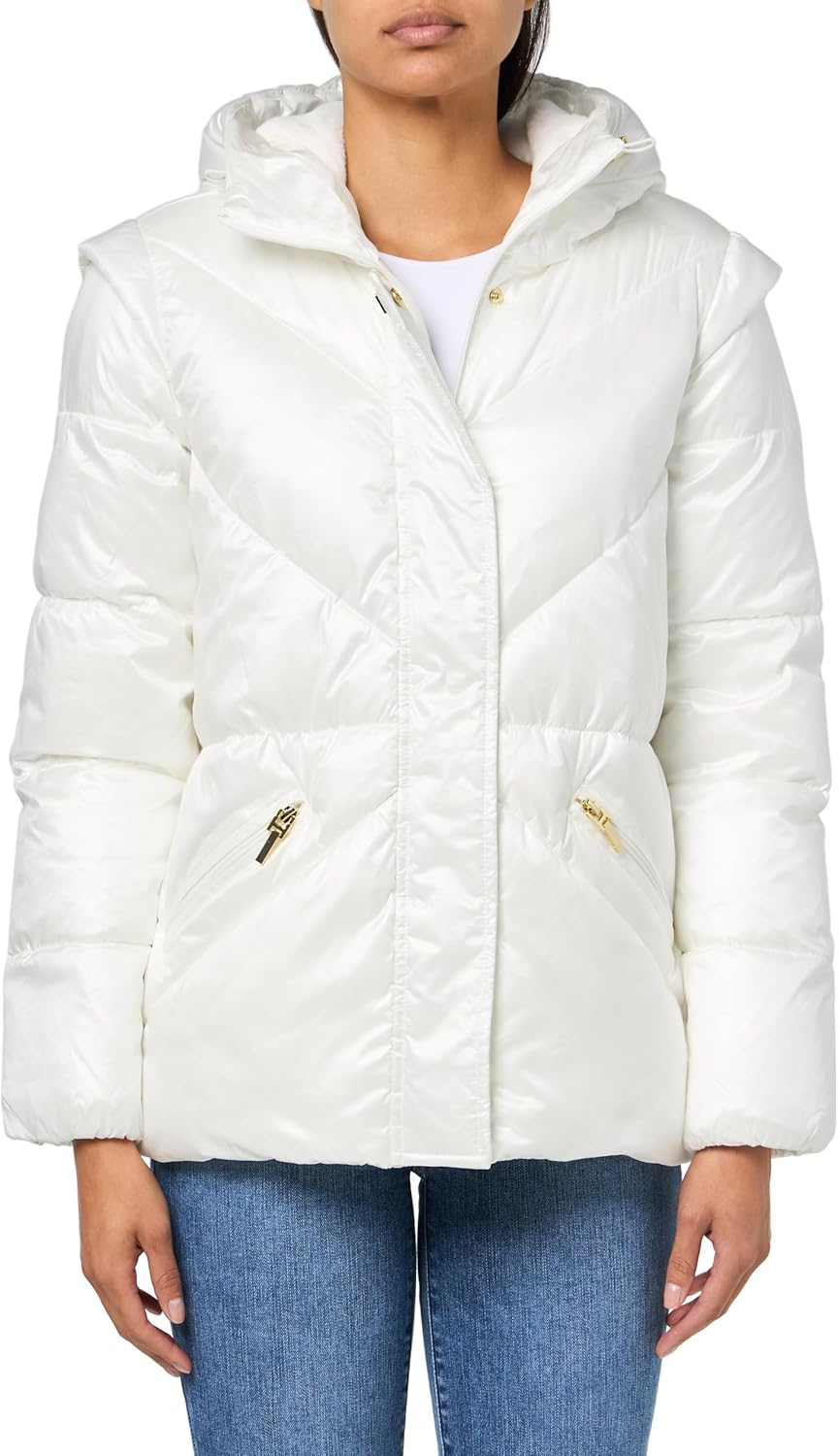 HALSTON womens Diagnal Stitch Placket Short Puffer