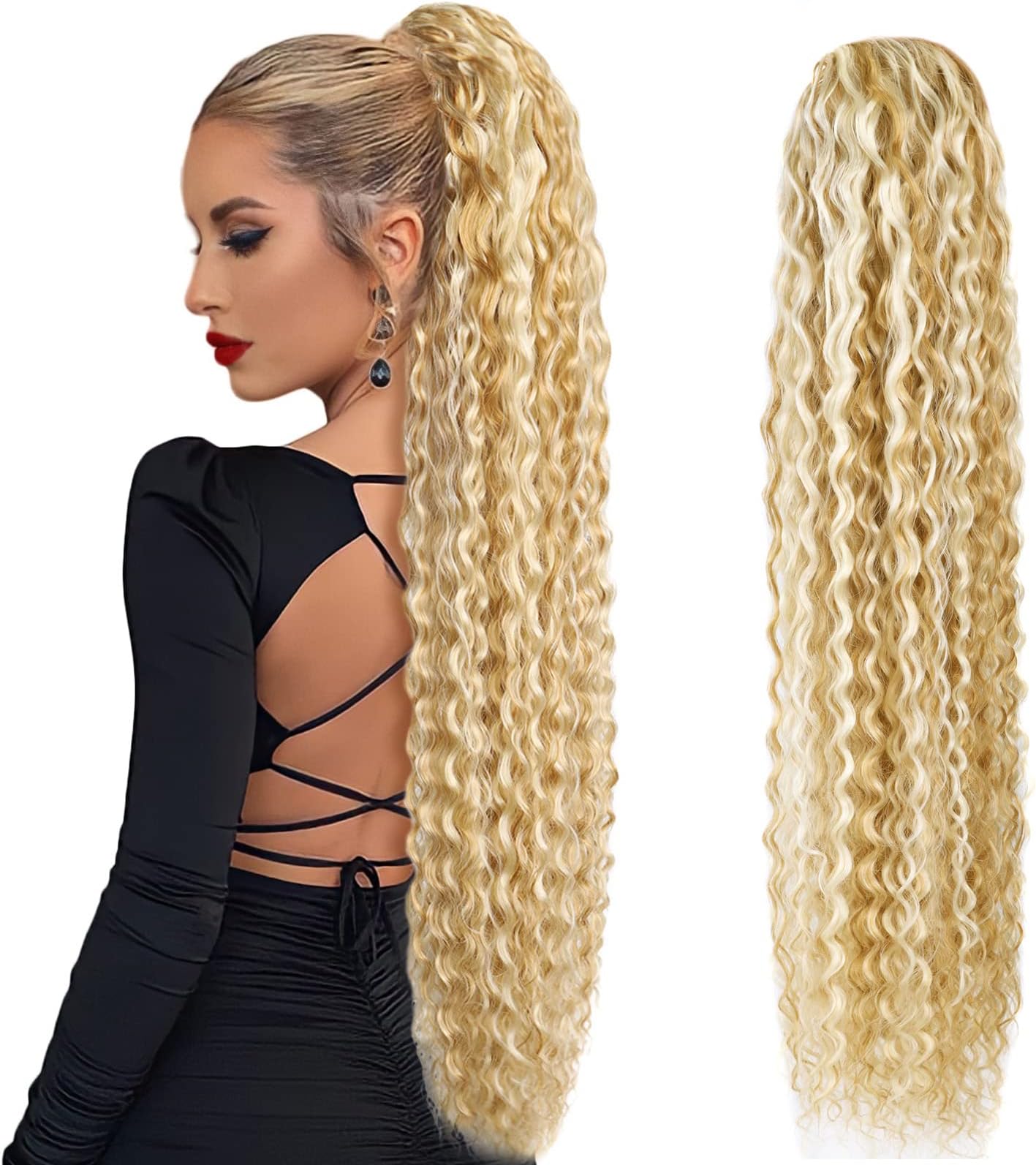 30inch Long Corn Curly Wave Drawstring Ponytail Synthetic High Puff Ponytail Hair Pieces With Comb Clip in Wavy Clip in Hair Extensions (p18/613）