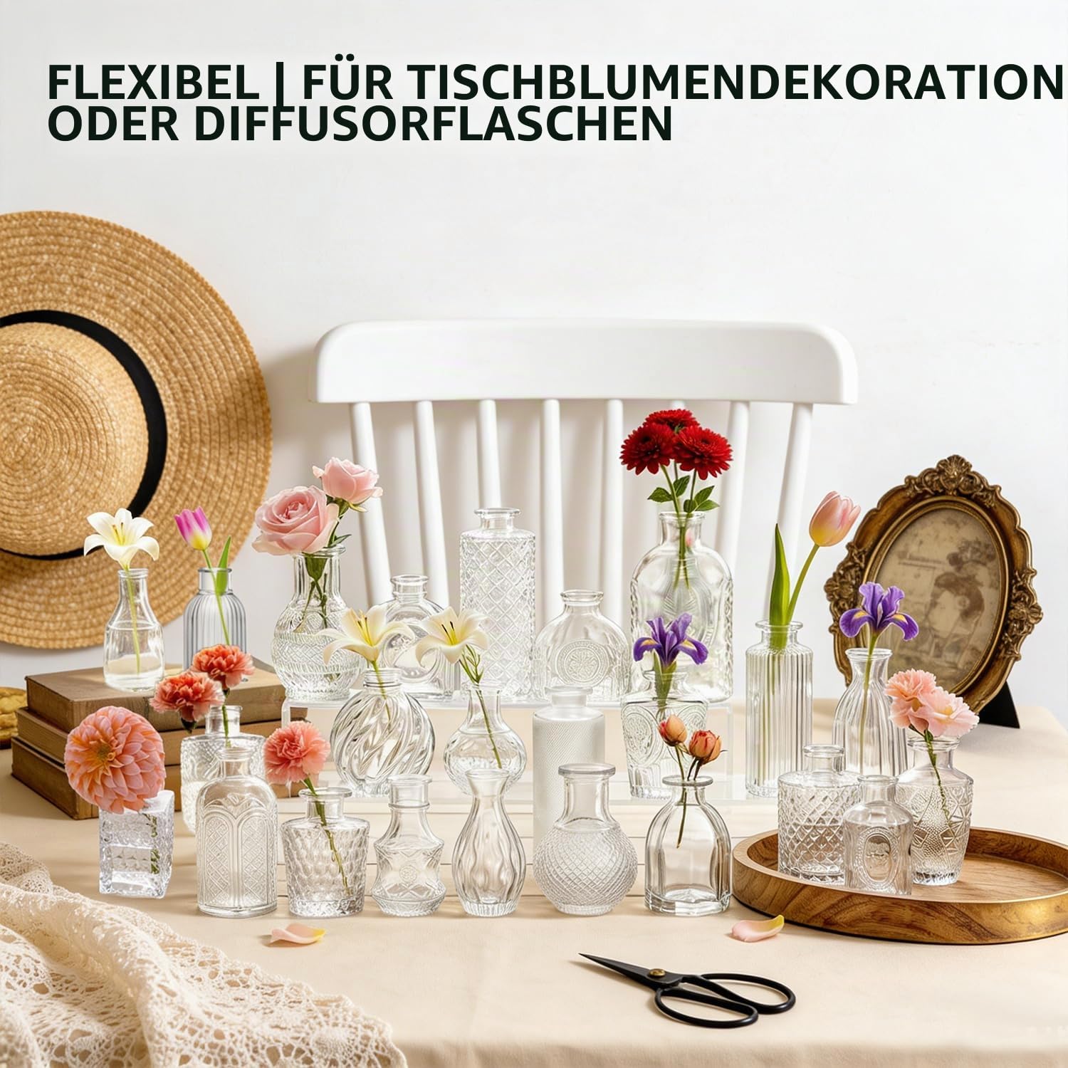 devesanter 24er Set Mini Glasvasen, Vintage Tischdeko Blumenvasen | Kleine Glasbehälter für kreative Arrangements. Perfekt für Hochzeiten, Feiern, Wohnzimmer und Büro als elegante Dekoration.