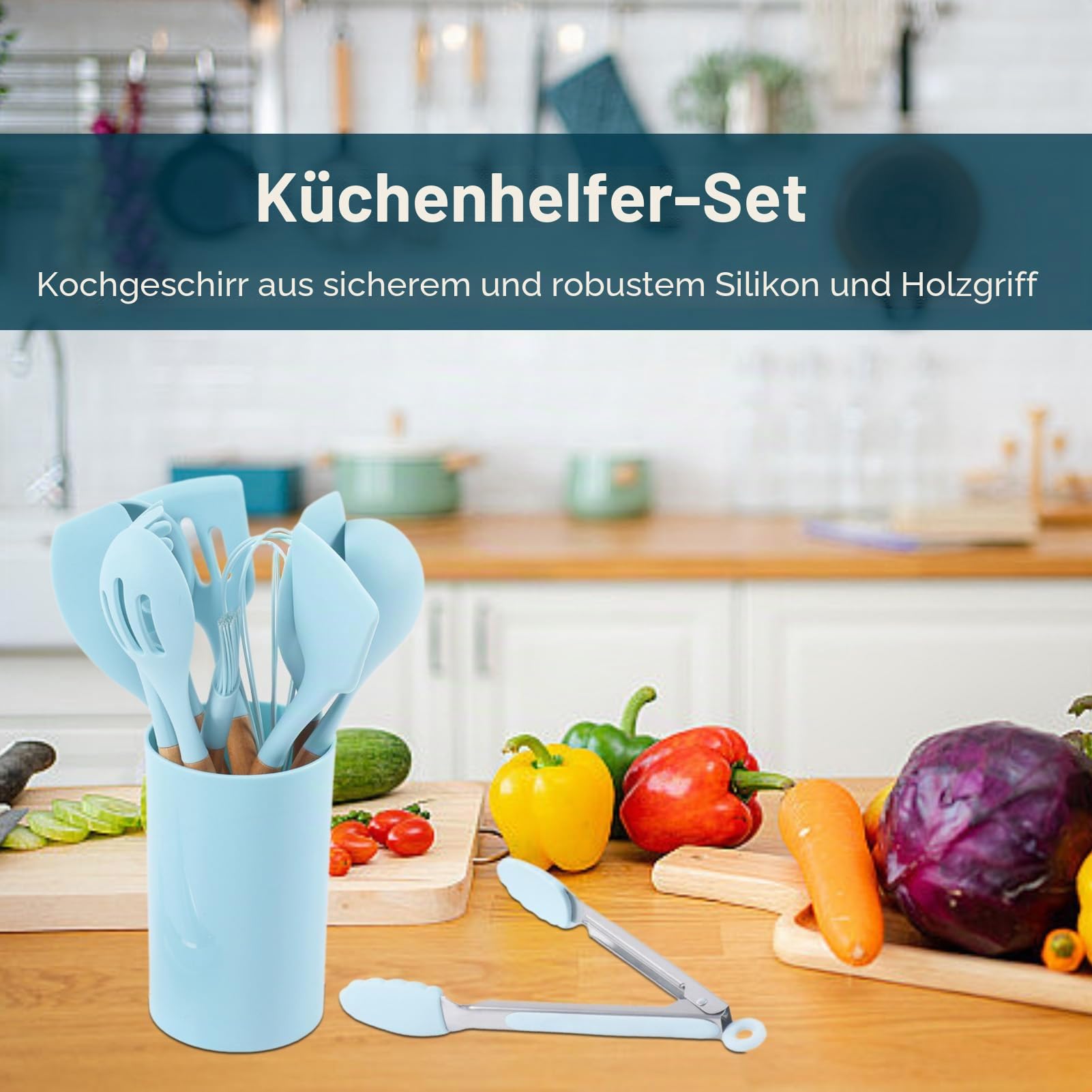 12-teiliges Kochutensilien-Set, Silikon-Kochutensilien-Set Hellblau Antihaft-Küchenutensilien mit Holzgriff Silikon-Küchengeschirr
