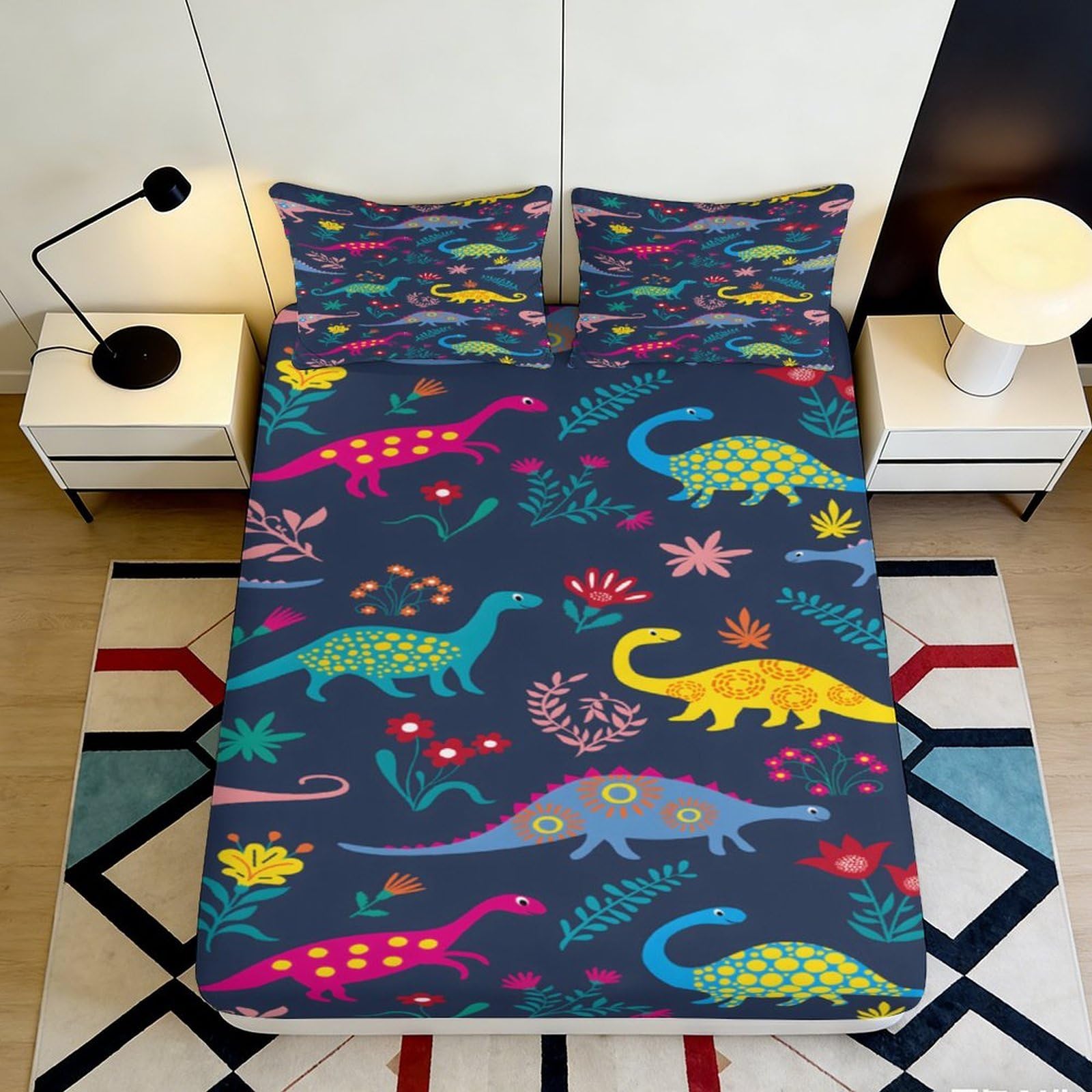 Qjzxknhpgr Style-1 3D Printed Colorful Dinosaur Fitted Sheet Microfiber Soft Breathable Prehistoric Bed Cover For Bedroom Dorm Decor 90X200x25cm