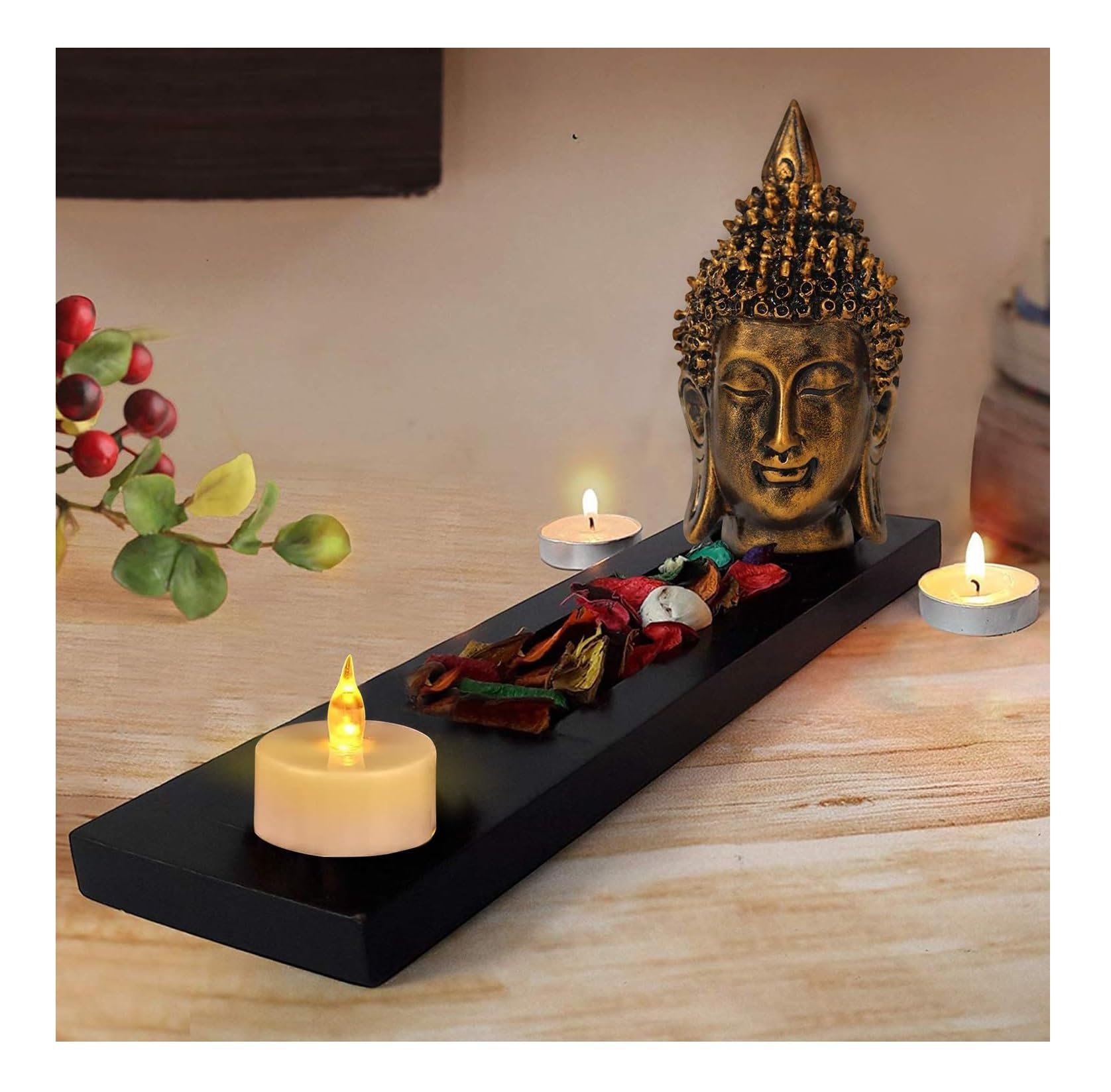 TIED RIBBONS Buddha Head Statue Tealight Candle Holder with Tray Set - Decoration Items for Home Decor Mandir Temple Pooja Room Living Room Table Office Decorative Gifts
