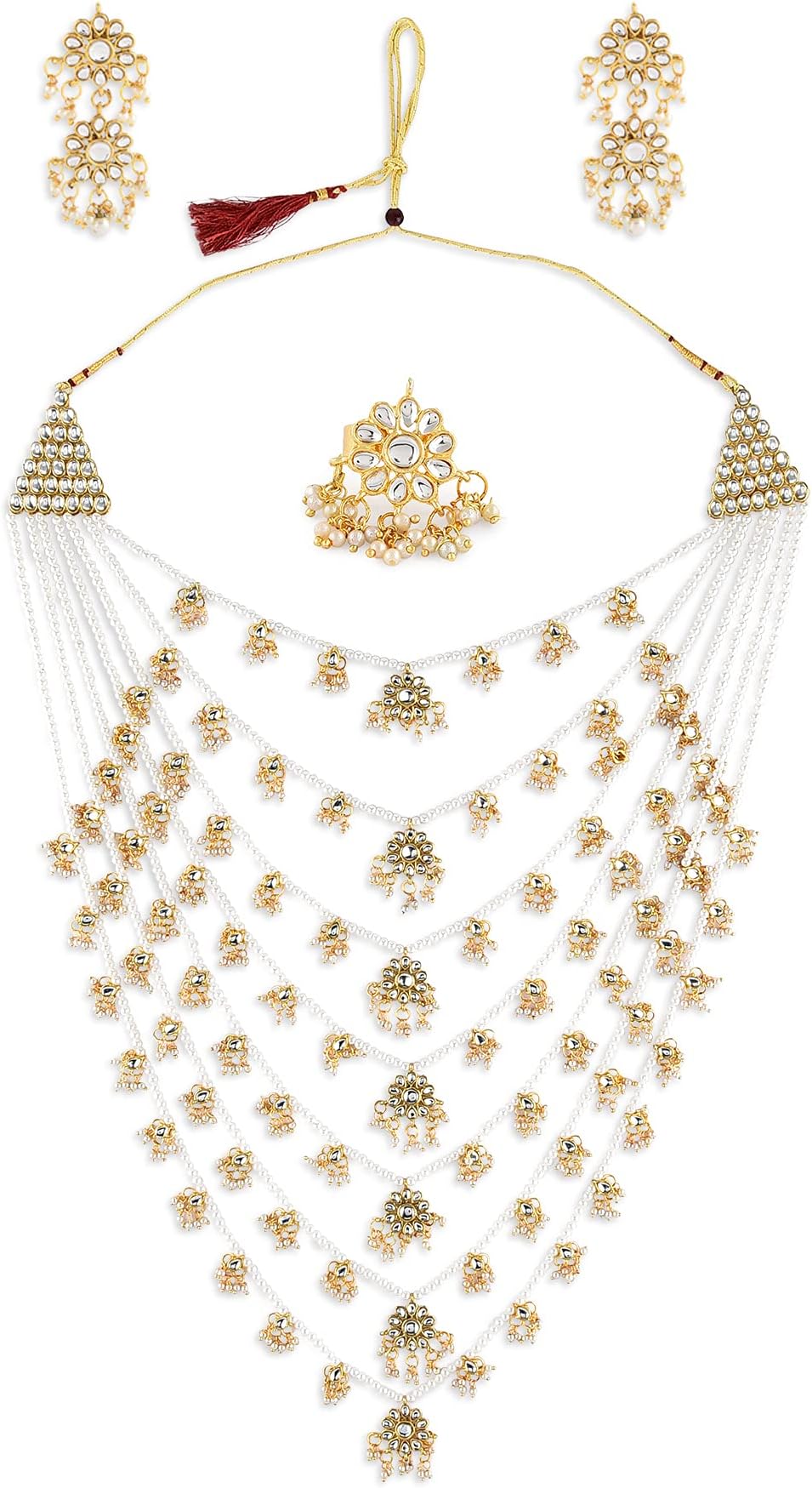 Gold Tone Layered Kundan Bridal Long Necklace Earring & Ring Set For Women-ZPFK10817