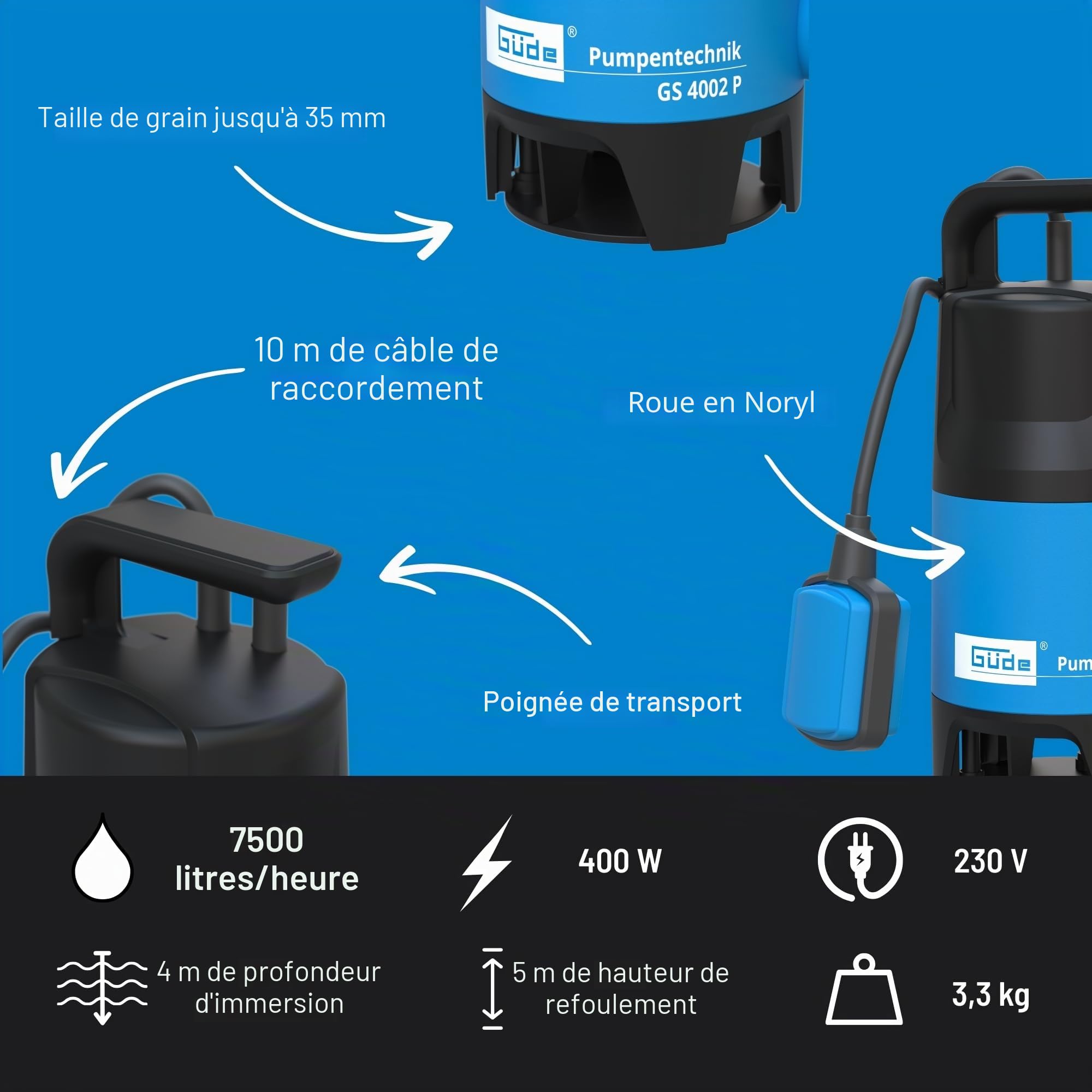 Güde 94630 - GS4002P - Pompe submersible pour eaux usées - Avec interrupteur à flotteur - 400 W - 7500 l/h Hauteur de refoulement maximale : 5 m [Classe énergétique A],Blue/Noir