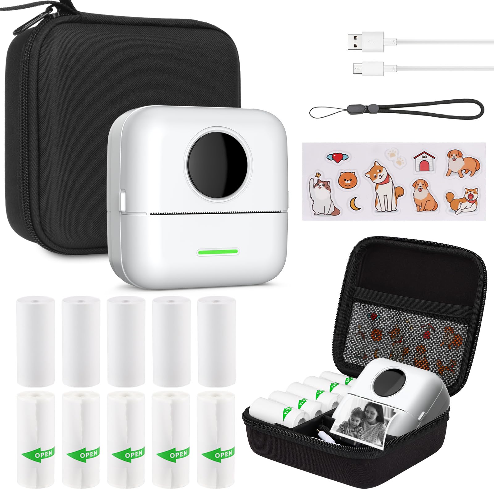 Mini stampante con custodia, mini stampante per etichette, portatile, 10 rotoli, stampante per foto, Bluetooth, stampante termica per assistenza, note di apprendimento, diario, memo (bianco con bag)