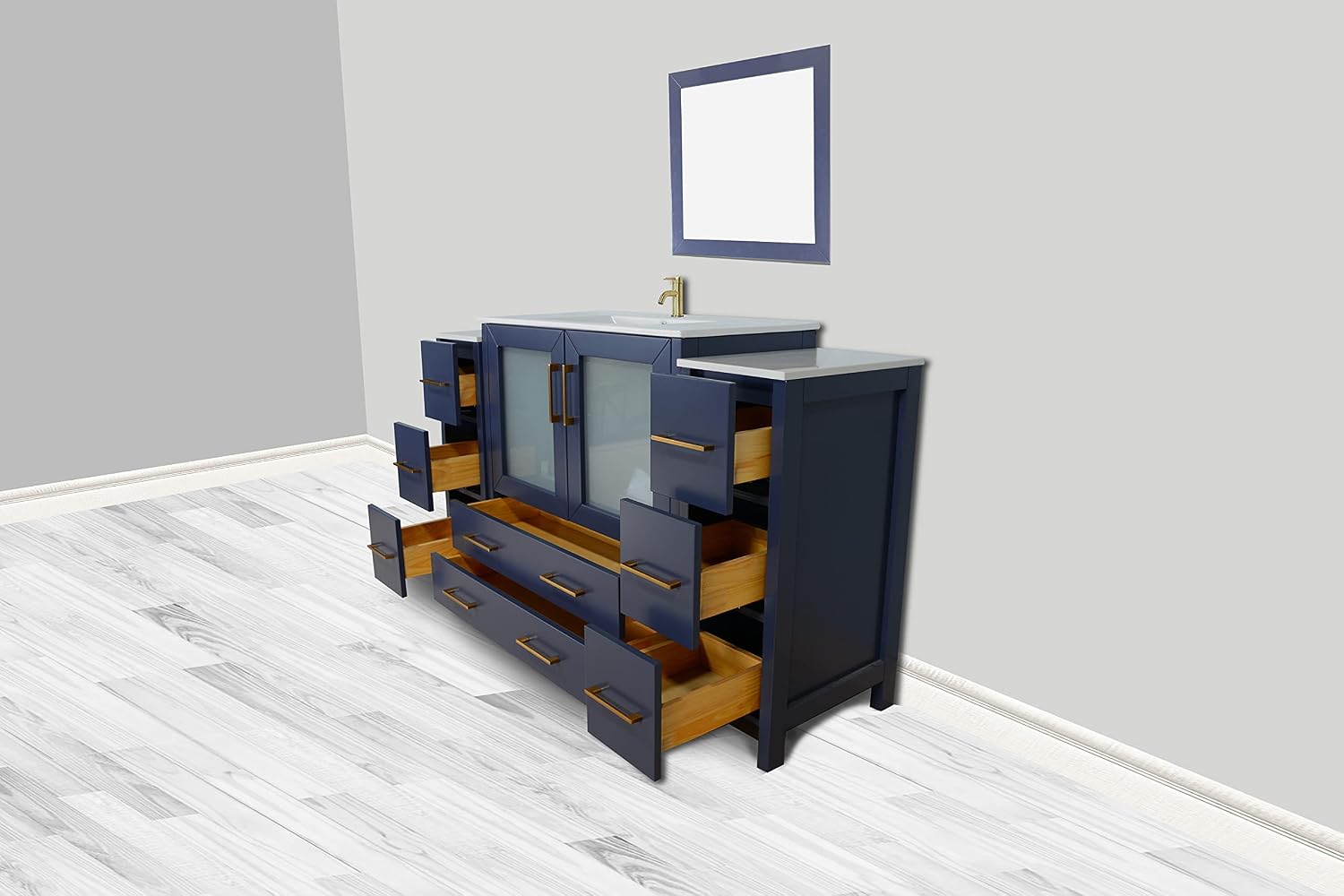 Vanity Art 60 Inch Under Mount Single Sink Bathroom Vanity Cabinet with 1 Mirror, Ceramic Top Bathroom Cabinet Compact Set with 8 Dovetail Storage Drawers and Gold Finish Handles, VA3036-60B