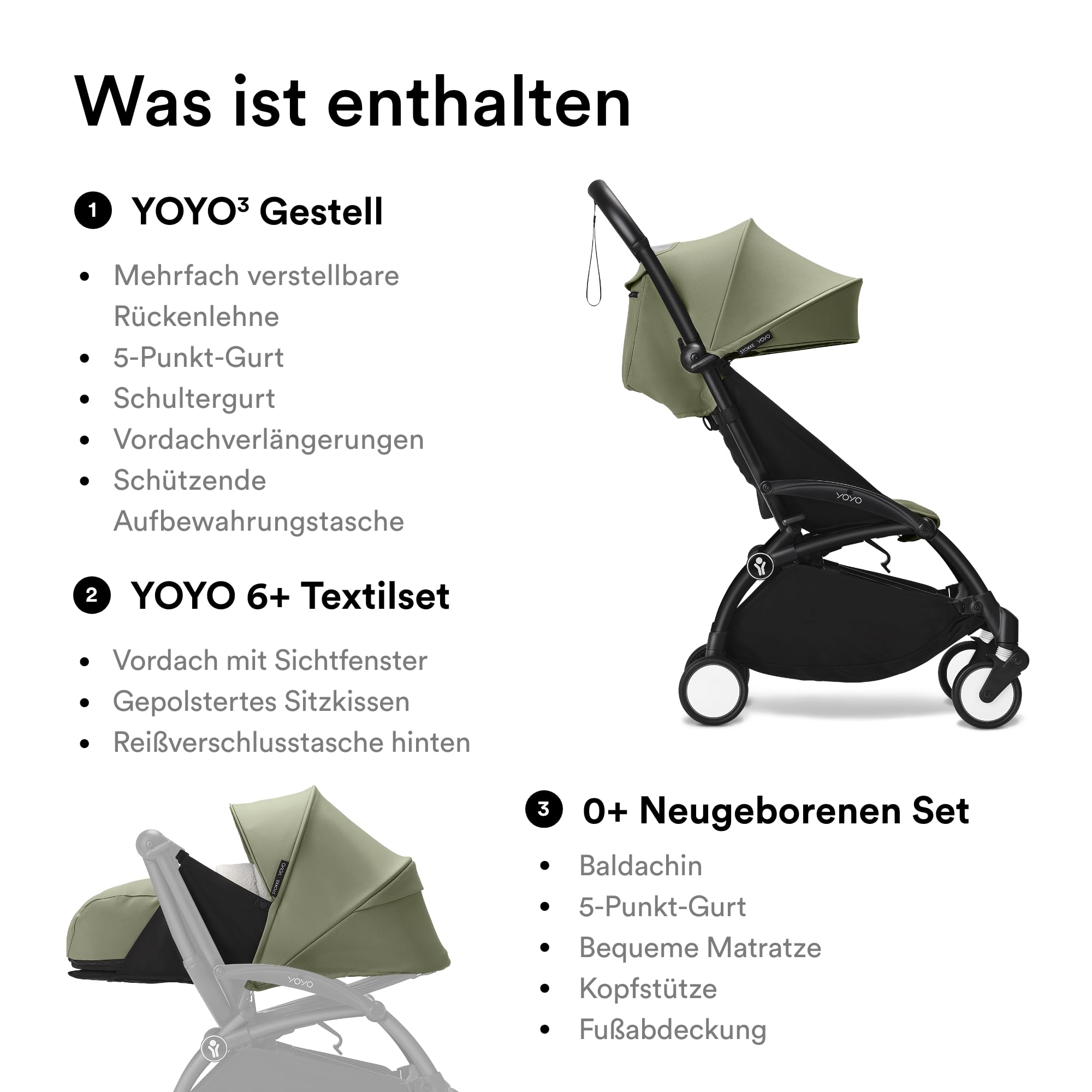 Stokke YOYO3 Kinderwagen mit Neugeborenen Set - Schwarzer Rahmen, YOYO 6+ Textilset (Olive) & 0+ Neugeborenen Set (Olive)