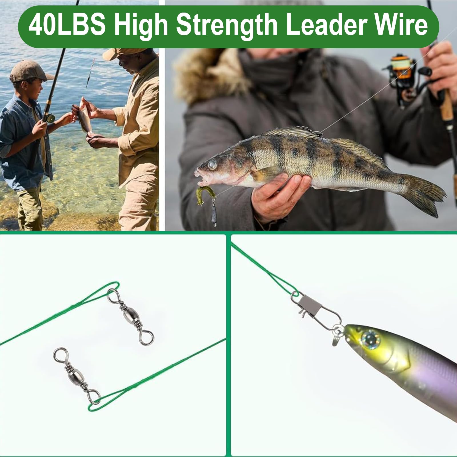 Aililong Juego de lucios líderes Acero 50 Piezas, con giratorios y broches - Anzuelo Pesca líder, Duradero Resistente a la corrosión para lucios, pargos Pesca en Agua Dulce Salada