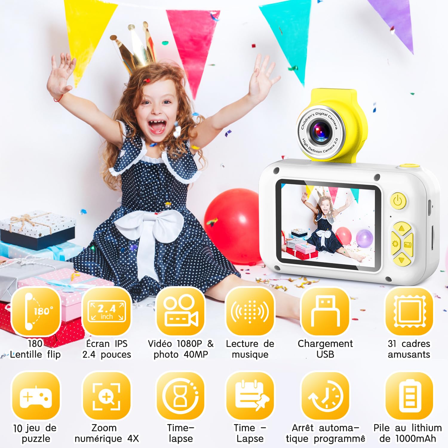 Appareil Photo Enfant ARNSSIEN Avec écran 2 Pouces - Vidéo 1080p, Objectif Protégé, Carte 32 Go, 10 Jeux