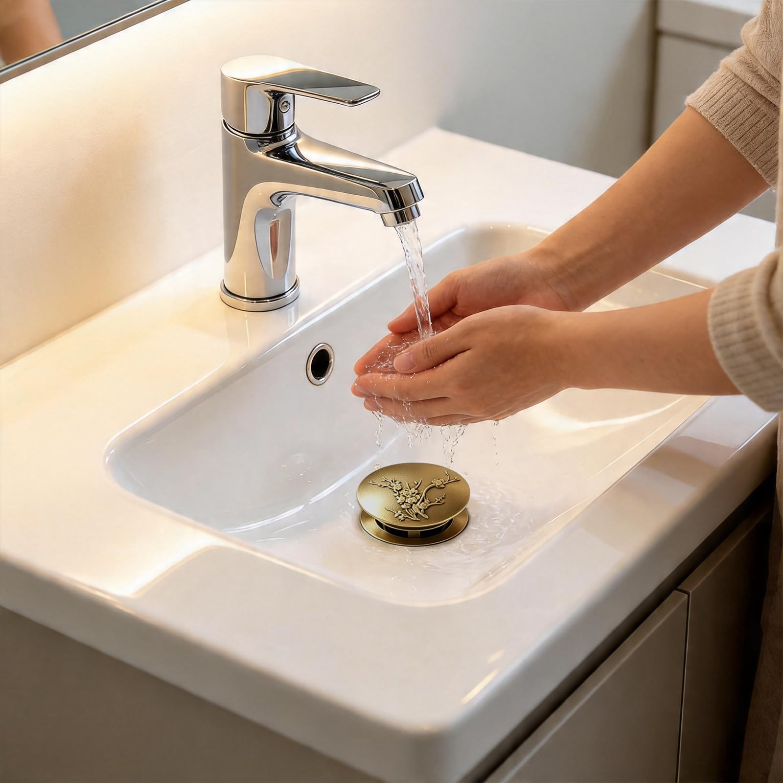 Tapón lavabo baño, tapón bidé, tapón lavabo cocina, latón, desagüe click clack, diámetro del tubo 3 cm, tapa de desagüe diámetro 6,5 cm, para bañeras de baño, cocina, lavabos, con agujeros