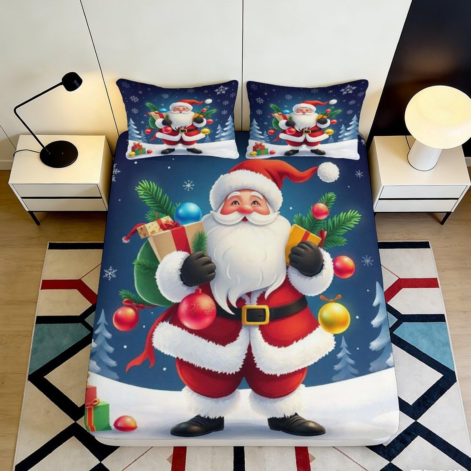3D Printed Santa Claus Christmas Fitted Sheet Microfiber Bed Cover Red Blue Festive Decor for Bedroom Guest Room 90x200x25cm