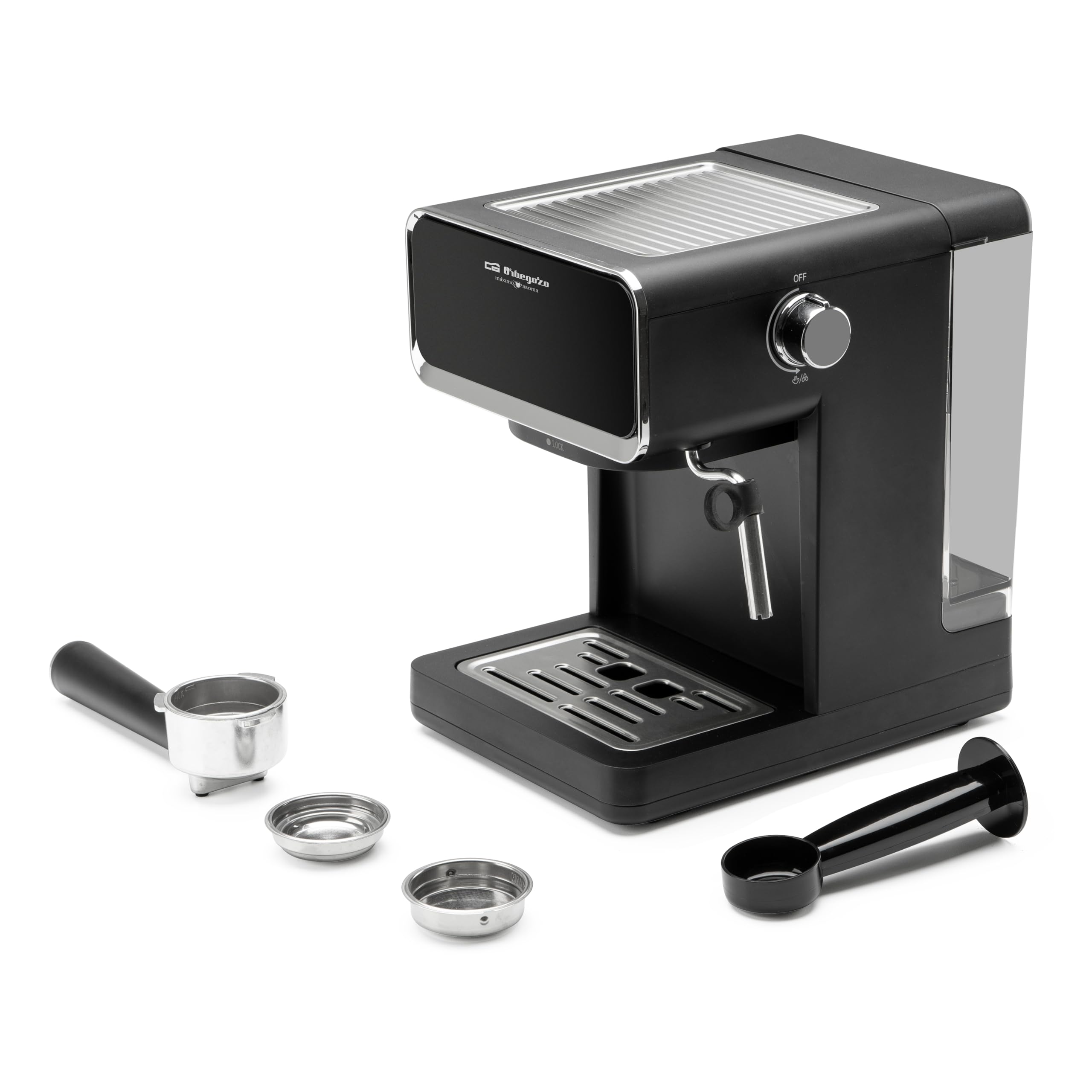 Orbegozo Cafetera Expresso EX 5300, 20 Bares, Thermoblock, Panel Táctil, 950W, Depósito 1L, Vaporizador Orientable, para Café Molido y Monodosis ESE, Bandeja Calientatazas, Doble Salida, Inox
