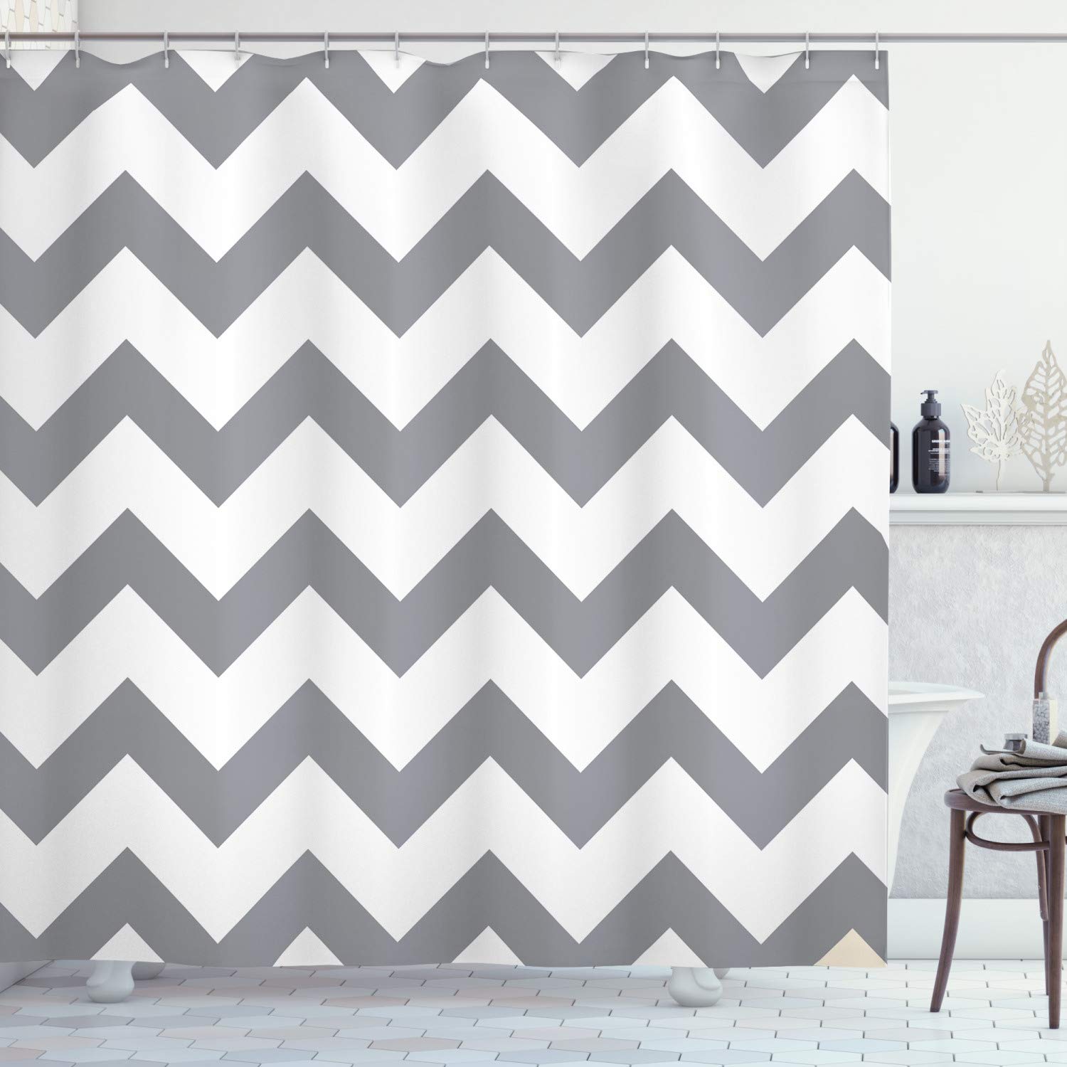 ABAKUHAUS Grey Shower Curtain, Grey and White Chevron Pattern Classic Geometrical Horizontal Zig Zag Stripes Retro