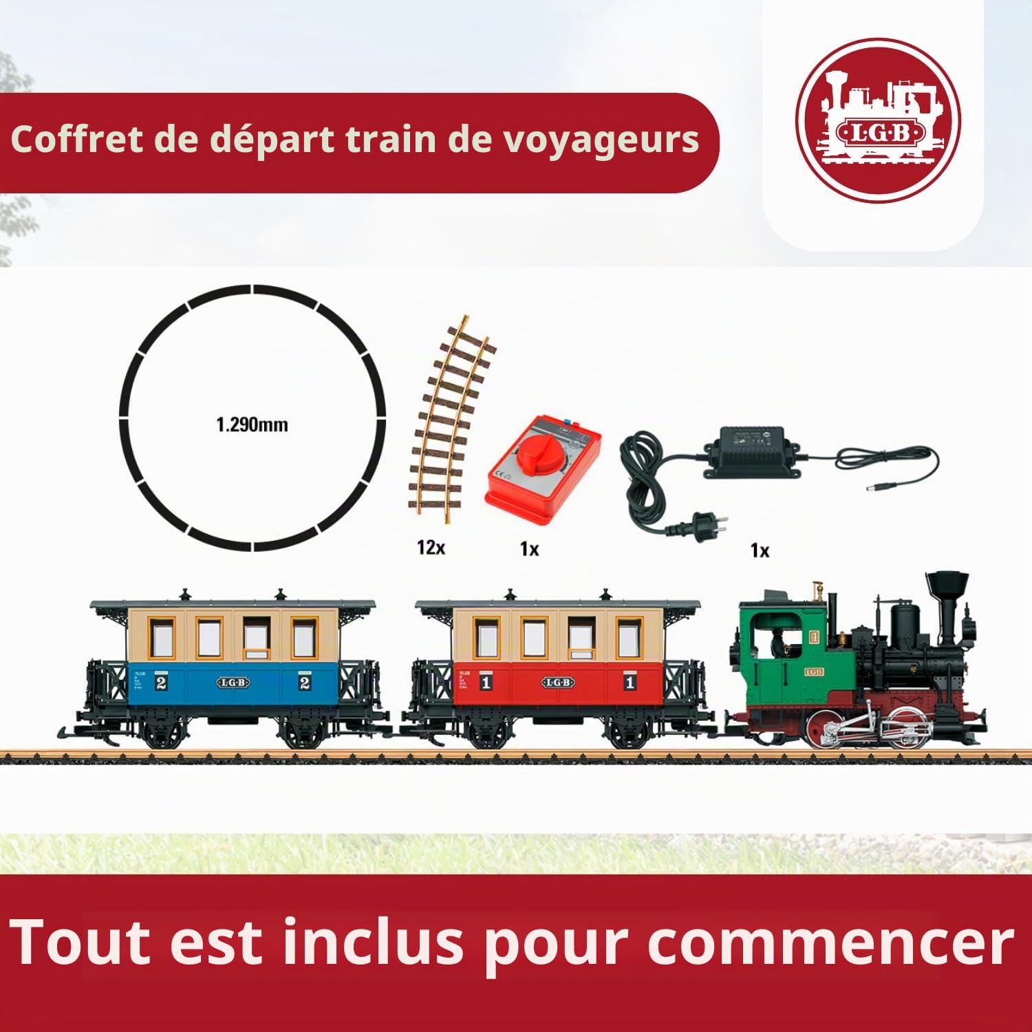 LGB 70307 Kit de démarrage de Train de Voyageurs – L70307 – Train de Jardin Miniature avec Locomotive et Deux Wagons, Chemin de Fer extérieur, Voie G, 85 x 12 x 16 cm