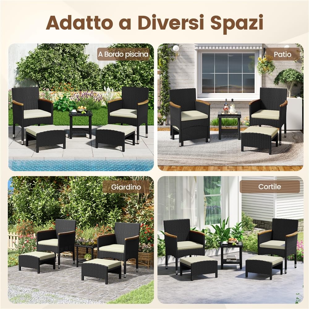 Yaheetech Set di 5 Mobili da Giardino in Rattan PE Mobili da Balcone con 2 Poltrone 2 Poggiapiedi 1 Tavolino in Vetro per Esterno Patio Terrazza Nero/Beige