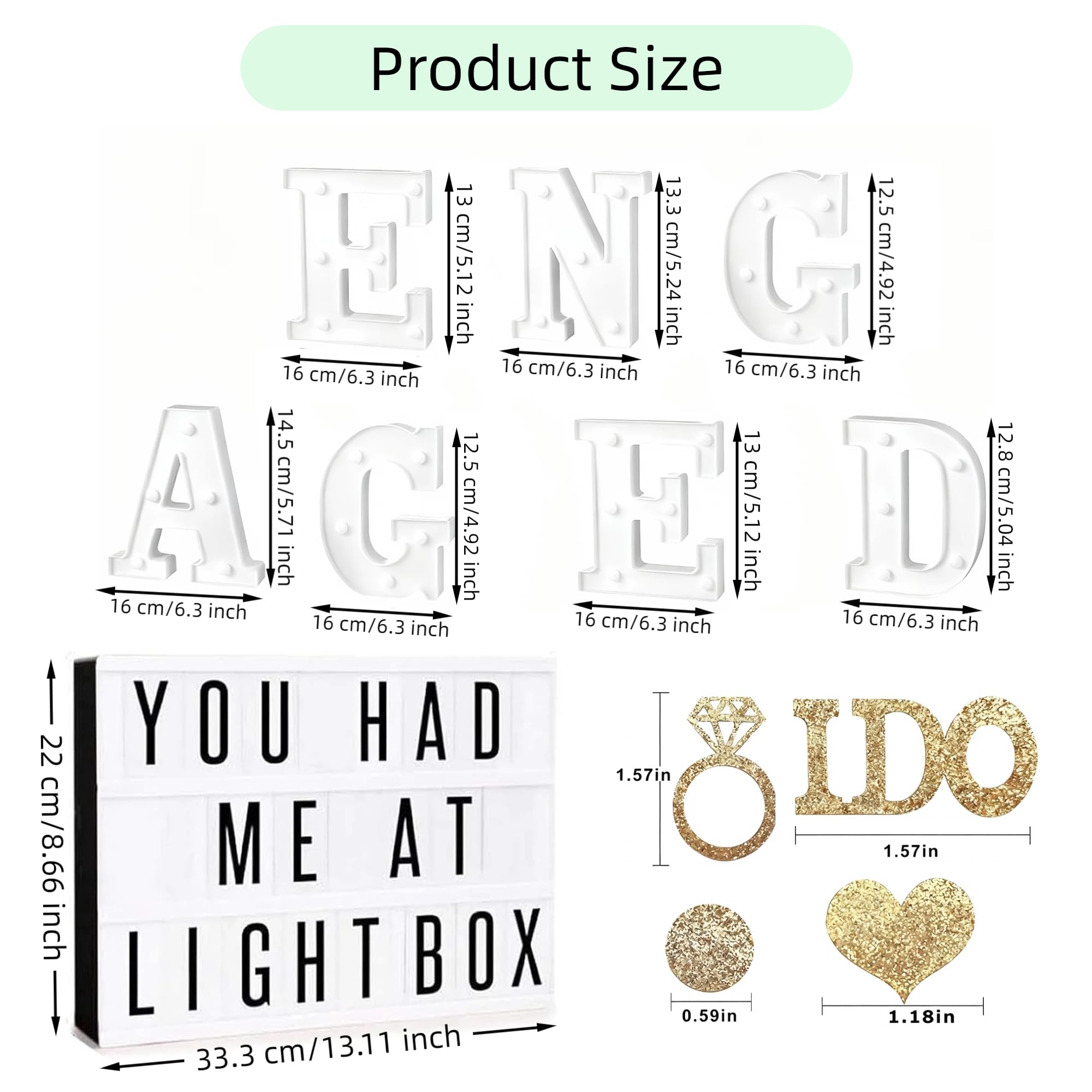 Juego de 9 piezas de decoración de fiesta de compromiso con 7 letras LED comprometidas, caja de luz retro con 96 letras y personajes, y confeti brillante para decoración de propuesta de boda