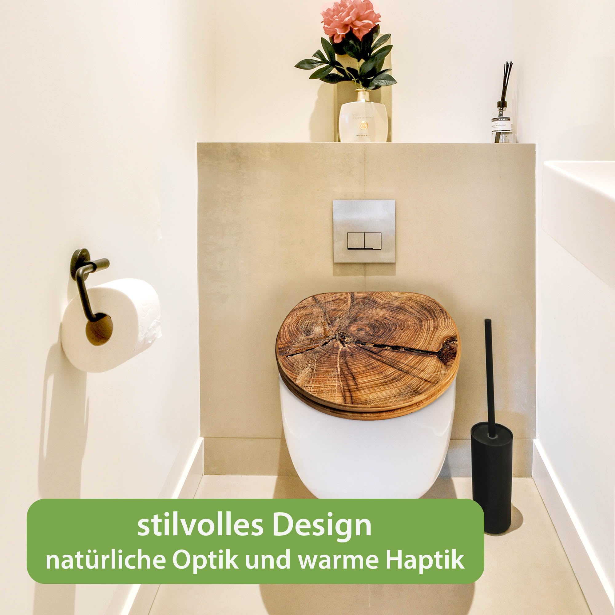 banjado Design WC Sitz Bambus Absenkautomatik 45,8x37,5cm - Toilettendeckel mit Absenkautomatik Holz - hochwertiger Bambus Klodeckel - WC-Sitz für gängigen Toiletten - Motiv Jahresringe