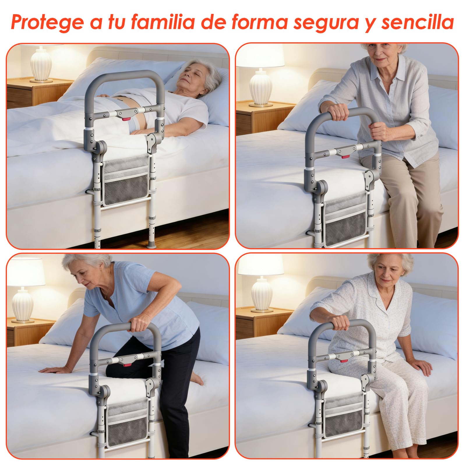 Sponda Letto Anziani Pieghevole, Barriera Letto Anziani con Altezza Regolabile, Supporto per Alzarsi dal Letto, Sbarra di Sicurezza Letto con Sistema a Sgancio Rapido, con Tasca Portaoggetti