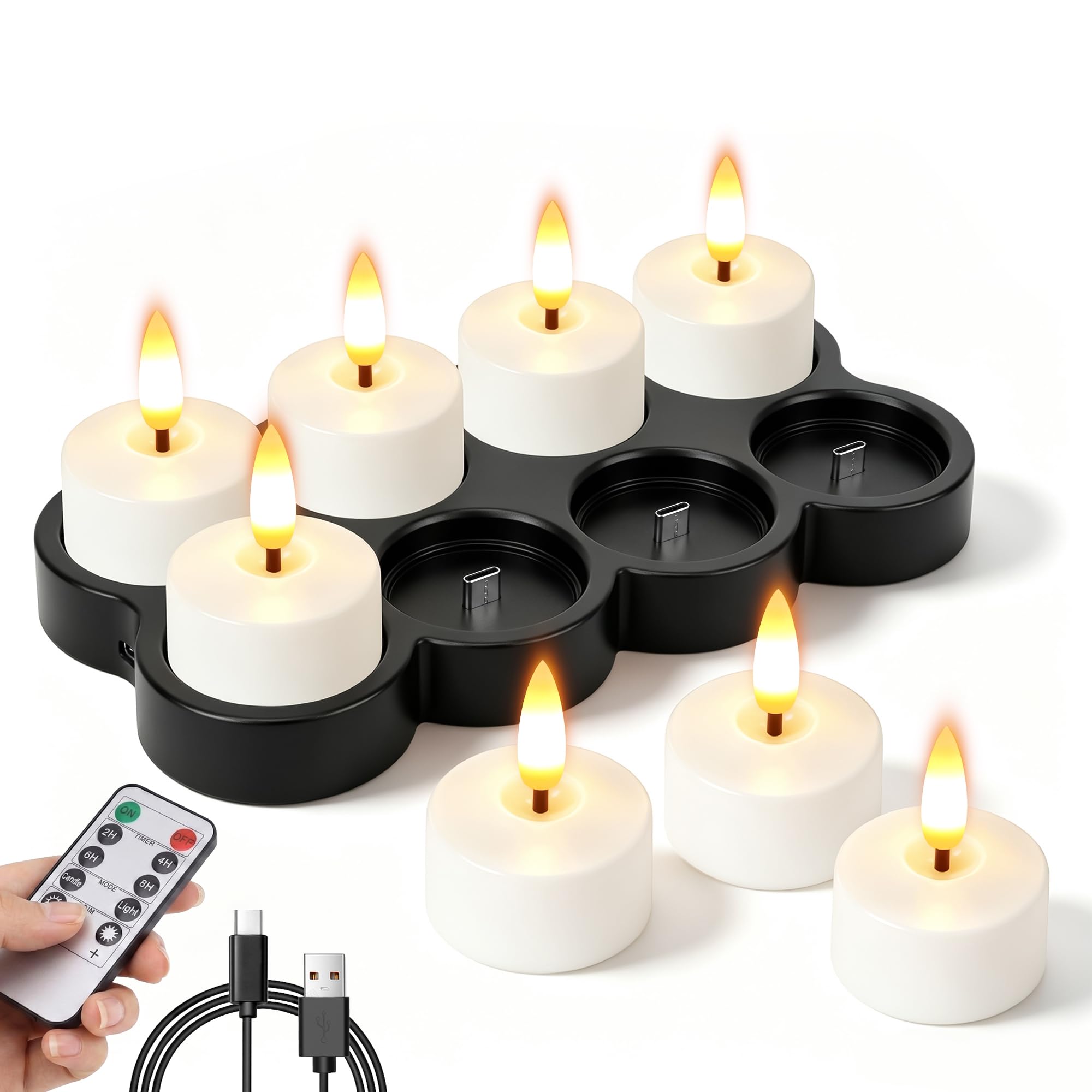 Confezione da 8 lumini ricaricabili con base