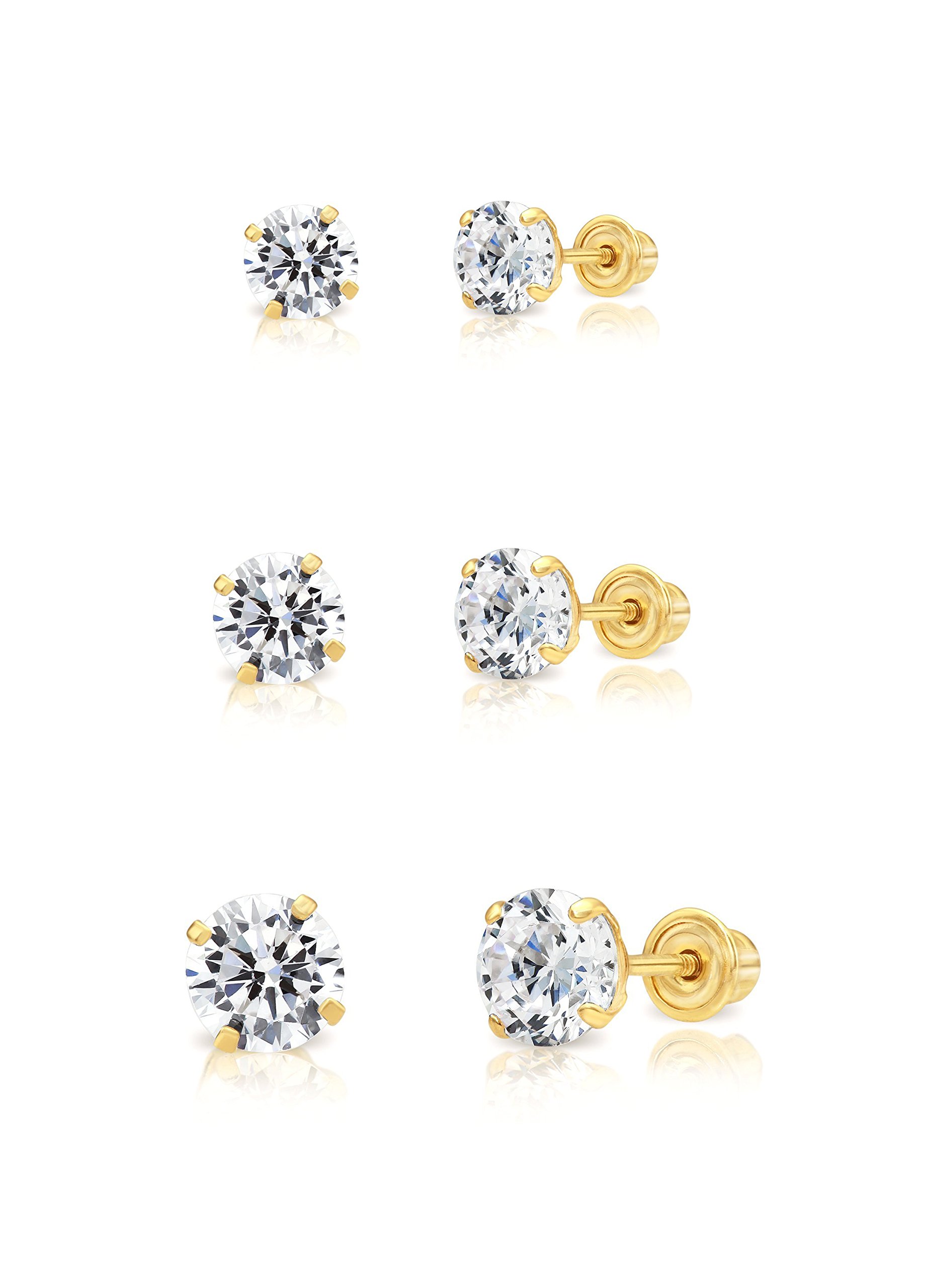Art and Molly14k Gold Solitaire Round Cubic Zirconia Stud 3 Pair Earring Set (3mm, 4mm, 5mm) (yellow-gold)
