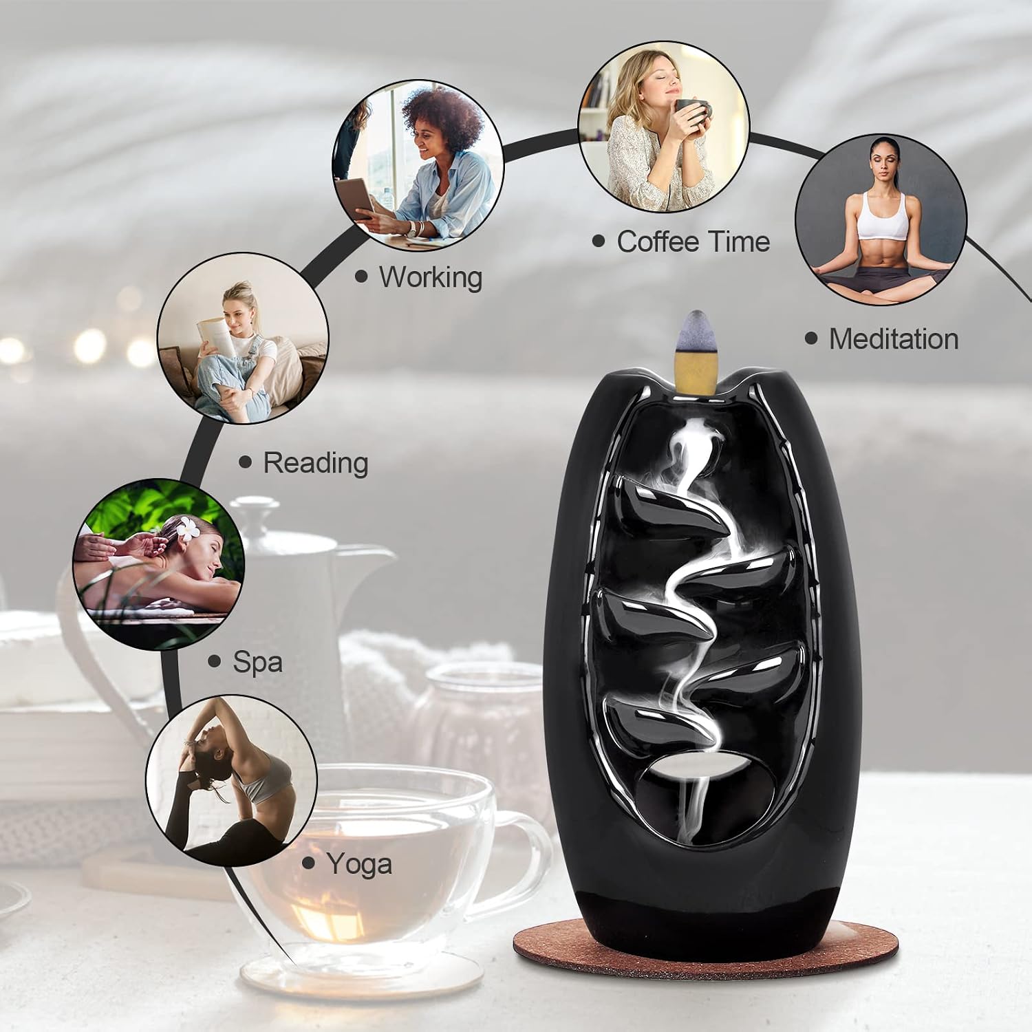 SPACEKEEPER Ceramic Backflow Incense Holder Waterfall Incense Burner 2 Sides, Incense Fountain with 120 Incense Cones & 30 Incense Stick, Aromatherapy Ornament Home Decor, Jet Black