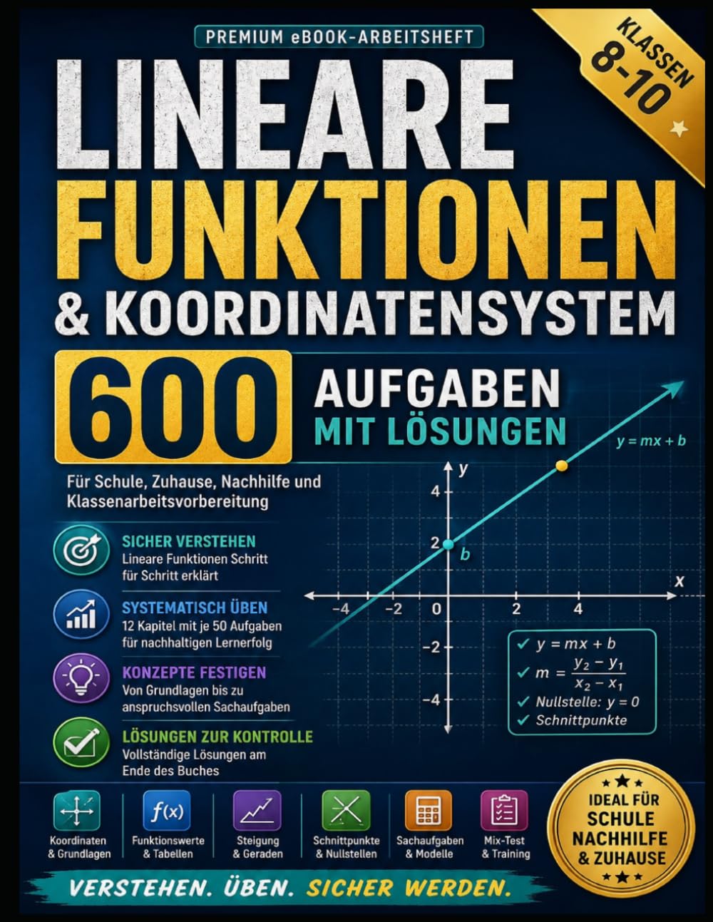600 Aufgaben – Lineare Funktionen & Koordinatensystem: Klasse 8–10 · Graphen zeichnen · Funktionsgleichungen bestimmen · Mit Lösungen