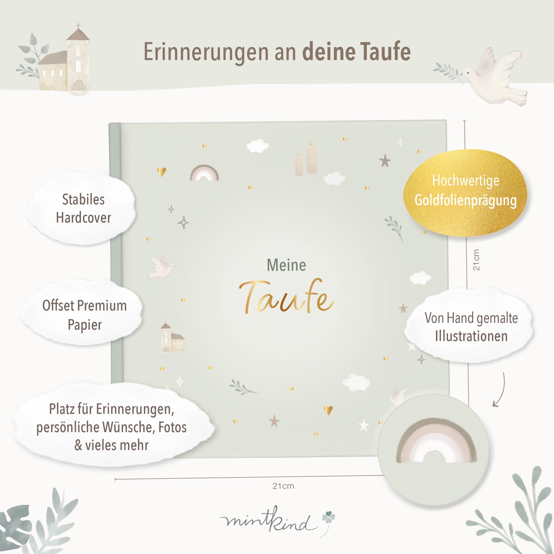 mintkind® Taufbuch Baby Meine Taufe Ausfüllbuch und Gästebuch zur Taufe salbeigrünes Pattern Design mit Platz für Fotos Wünsche und Erinnerungen 60 Seiten Hardcover Erinnerungsalbum für Kinder