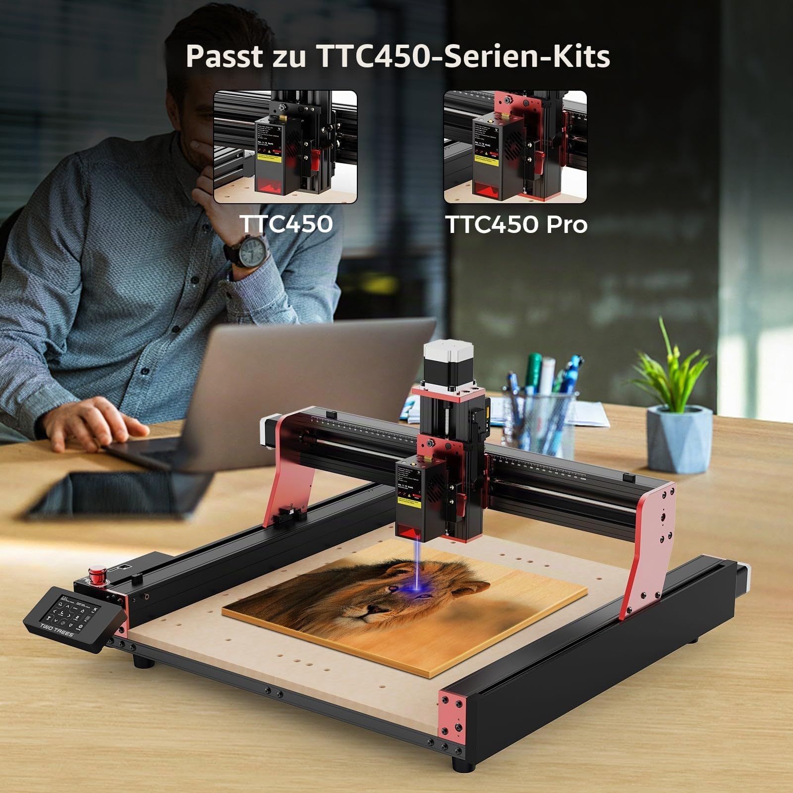Twotrees TTC450 Pro CNC Router CNC Arbeitsbereich 460 x 460 x 80 mm zum Gravieren, Schneiden von MDF, Acryl, Massivholz Nylon mit Trimmer Kit 800W Holz Trimmer Router Spindel und 20W Lasermodul