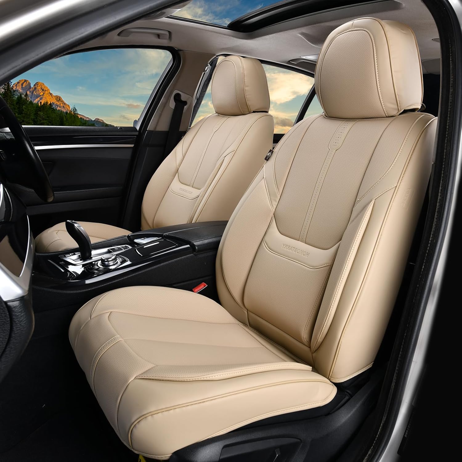 Car Seat Covers, Nappa Leather Car Seat Covers, Waterproof Automotive Seat Covers with Airbag Compatible, Universal Car Seat Protector Fit for Most SUV Sedans Trucks (Beige, Front) Front Beige