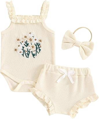 Baby Girl Summer Outfits Ruffle Sleeve Flower Embroidered Waffle Romper Bloomer Shorts Headband 3Pcs Clothes Set